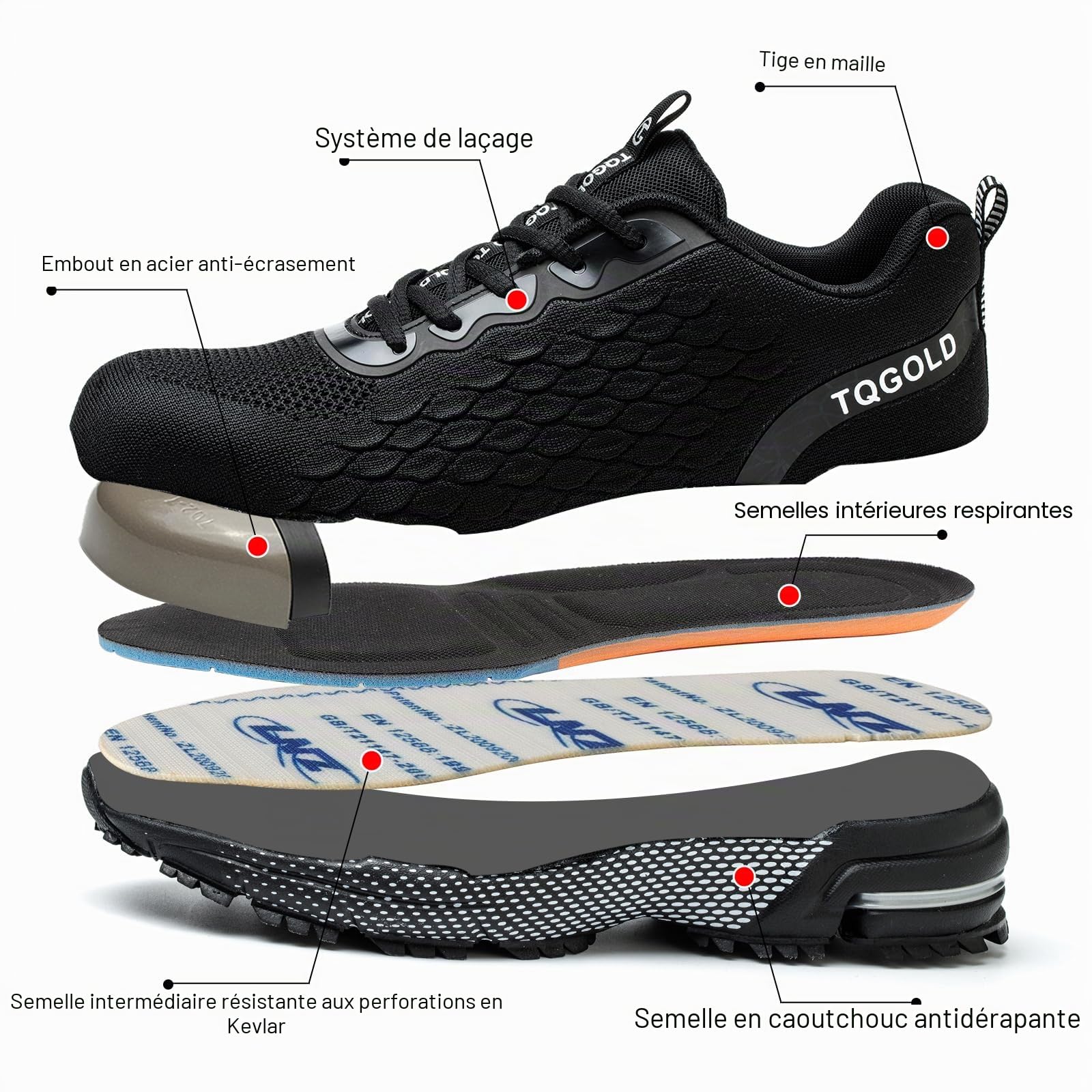 AONEGOLD Chaussures de Sécurité Hommes Femmes Légère Respirante Baskets de Sécurité Antidérapant Confortable Embout Acier Chaussures de Travail GR.36-48EU