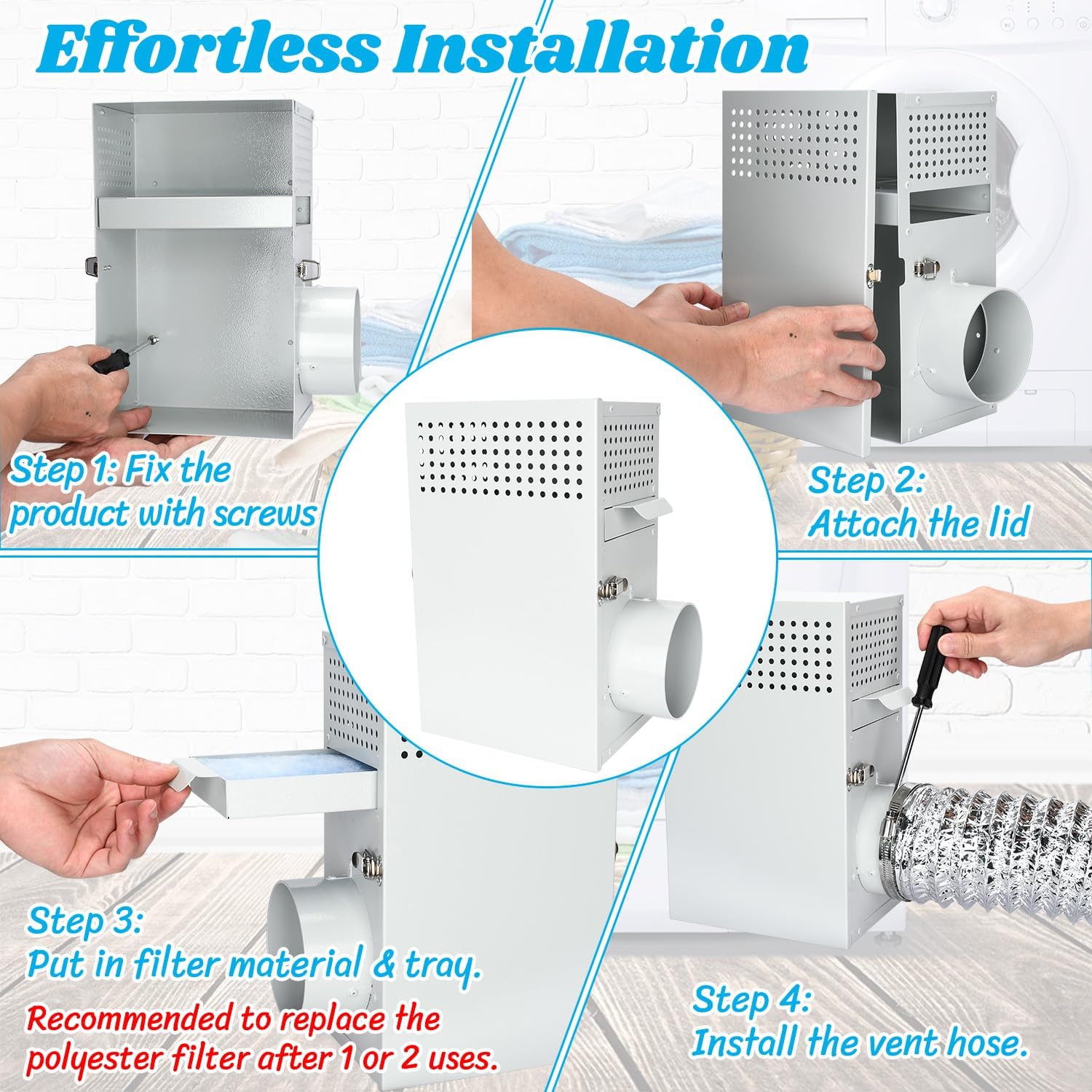 Upgrade Galvanized Steel Indoor Dryer Vent Kit, L-shape Dryer Duct Lint Trap Reduces Lints Callbacks, with 6 Pieces Polyester Filters, 4" 8-Feet Aluminum Ducting and Clamps, for Electric Dryers