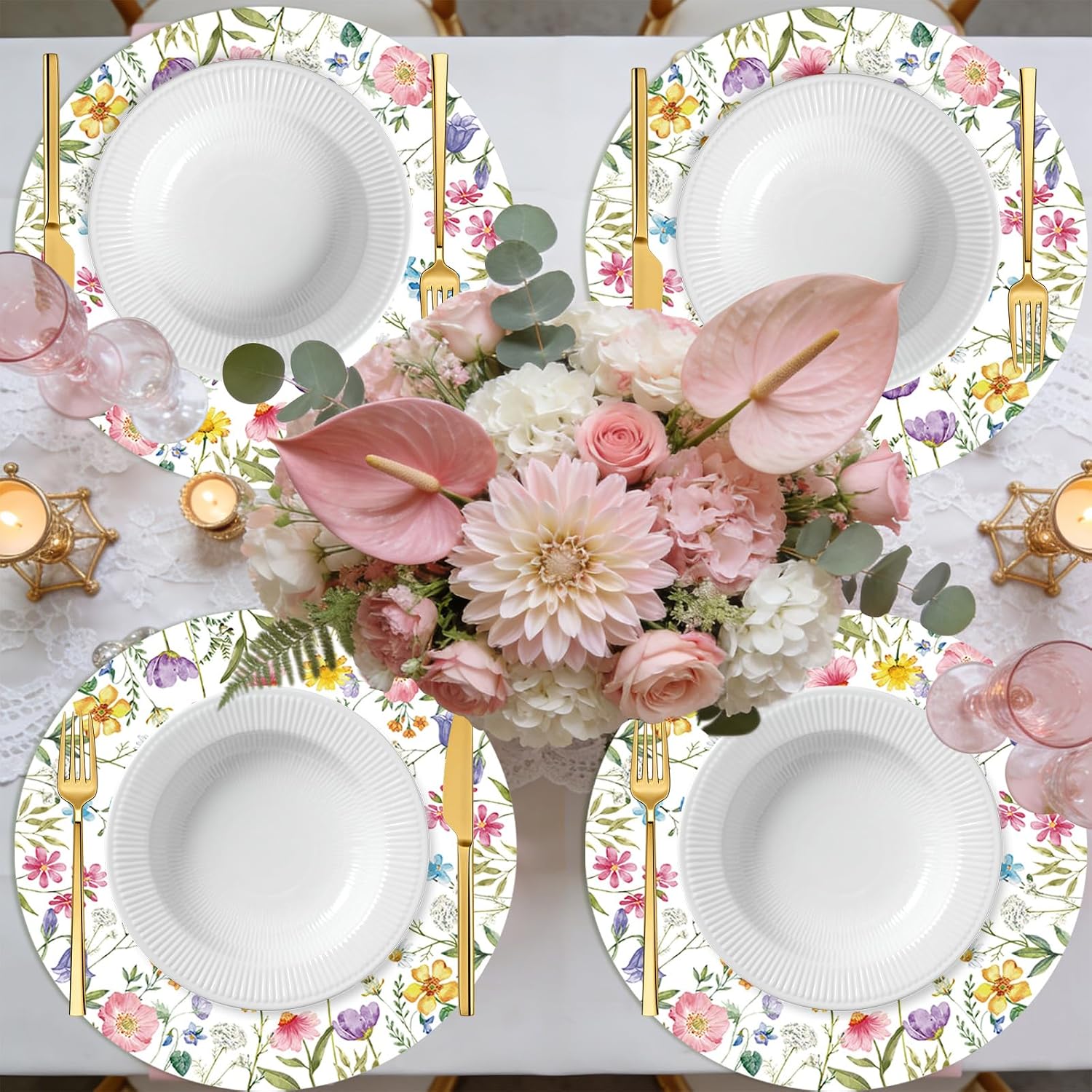 Tarklanda 50 Pcs Floral Placemats Disposable 13.4 Inch Round Paper Placemat Spring Wildflower Decorative Table Mats for Kitchen Dinner Wedding Anniversary Bridal Shower Birthday Party Supplies
