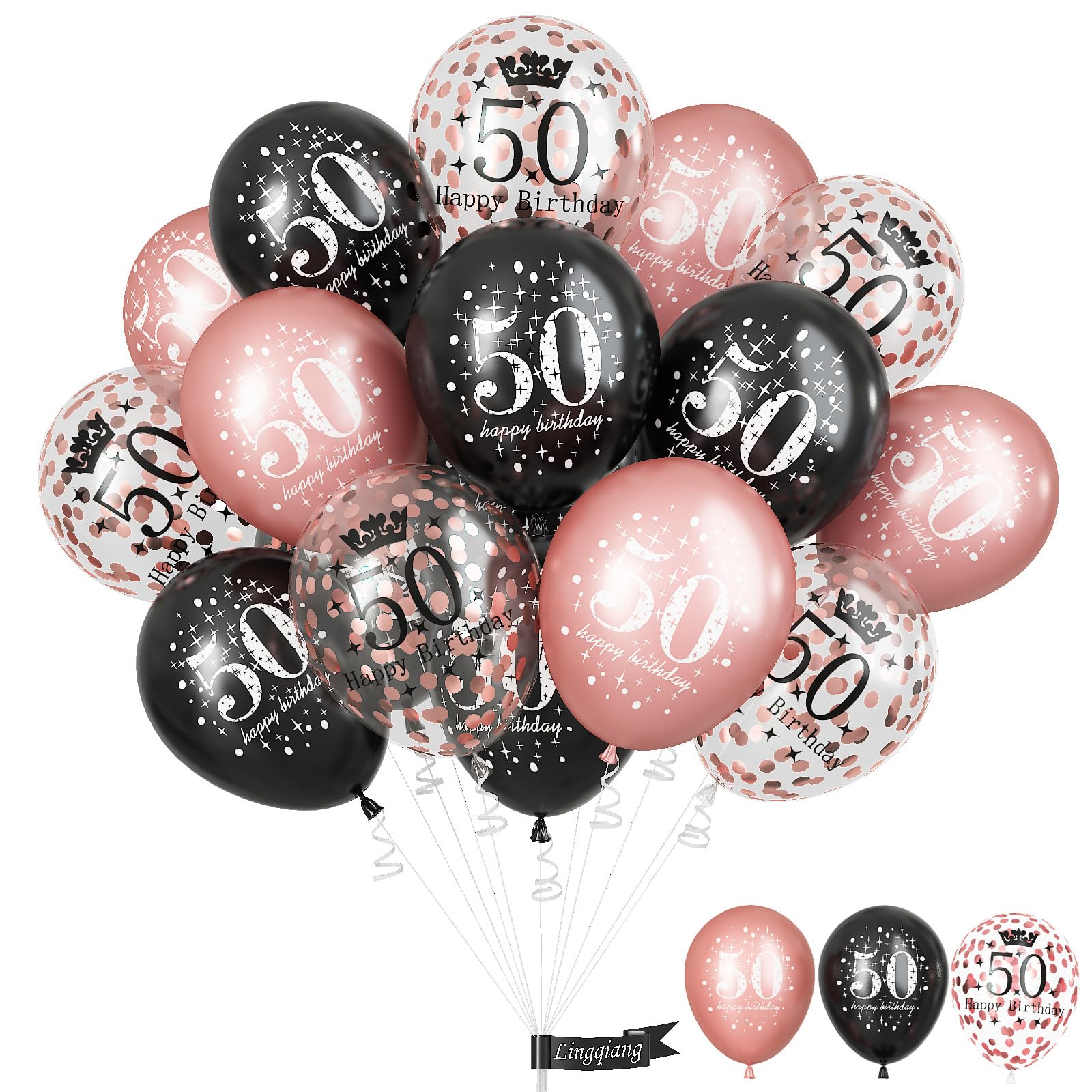 50th Birthday Decorations for Women, Pack of 15 Happy 50th Birthday Balloons Black Rose Gold Confetti Latex Helium Balloons for Her Age 50 Years Old