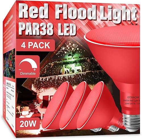 Paquete de 4 luces de inundación rojas PAR38 para exteriores, bombilla roja de inundación regulable, 20 W (equivalente a 200 W), luz LED roja con