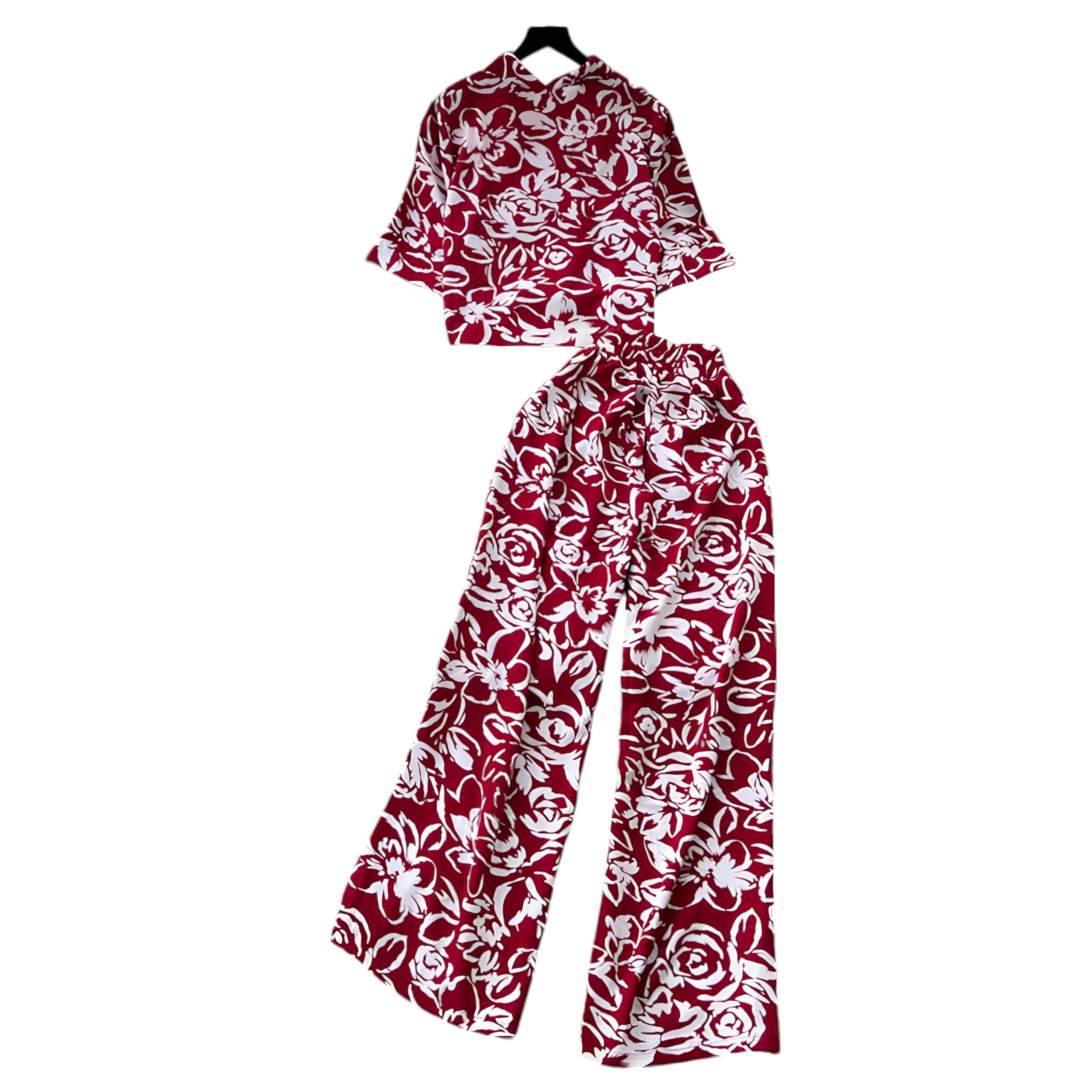 Gufrina Women's Floral Button-Down Co-Ords Set - Shirt Collar Top And Wide-Leg Pants, Casual Chic Outfit (Red Xxl)