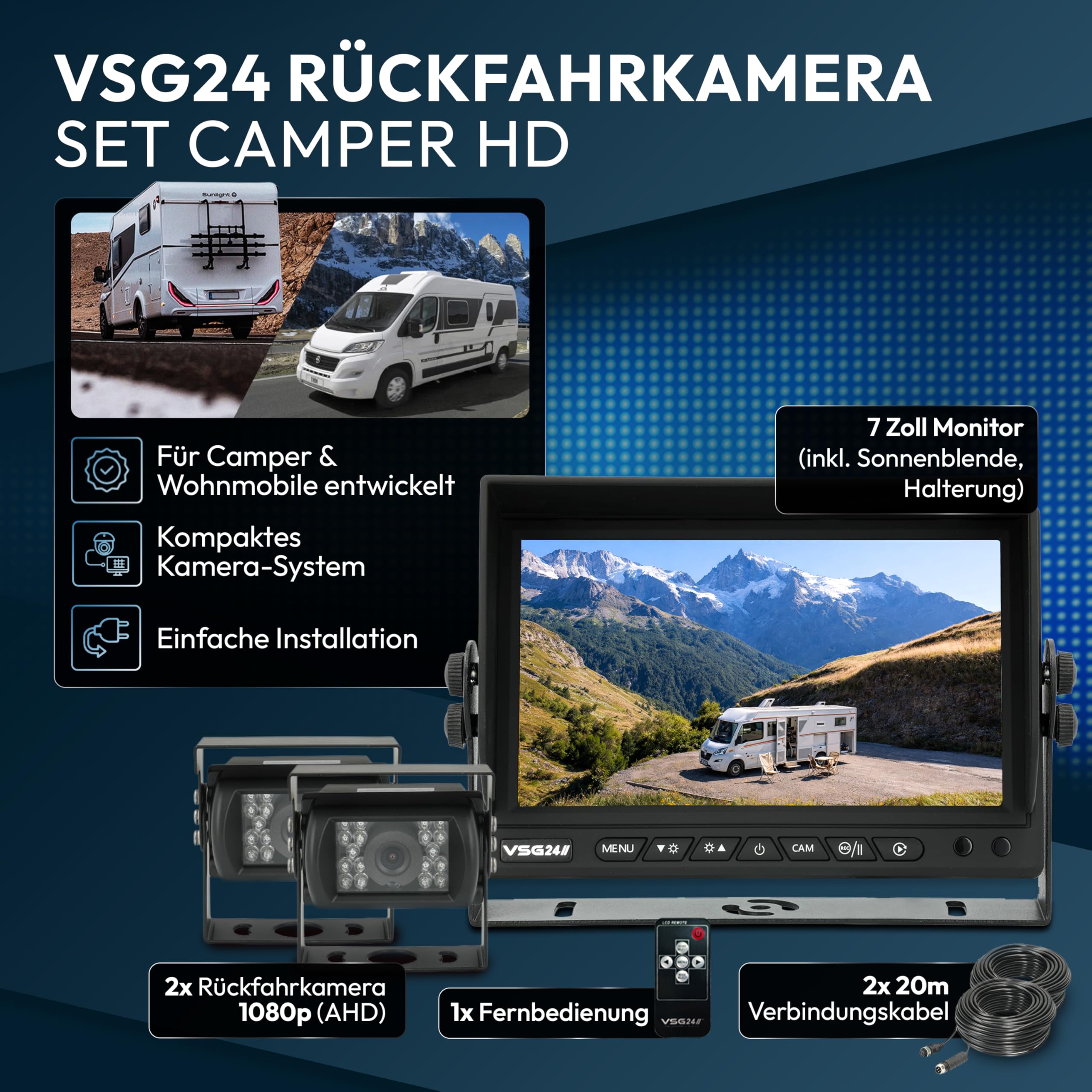 VSG24 kamery cofania "7" zestaw startowy do samochodów ciężarowych z 2 kamerami o rozdzielczości HD RVS-24503, monitorem, kablem i pilotem zdalnego sterowania – wodoszczelna widoczność w nocy 12 V-24