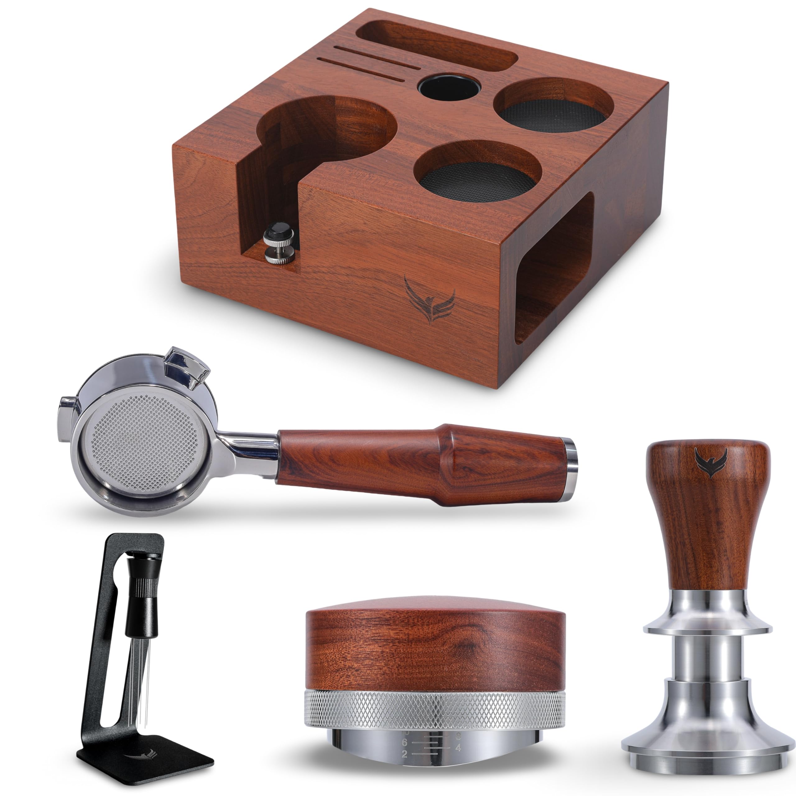 54mm Espresso Zubehör Set für Sage Barista Express, Pro, Touch, Bambino Plus - Rosewood Bodenloser Siebträger, Self Leveling Tamper, Coffee Distributor, Tamperstation, WDT Tool