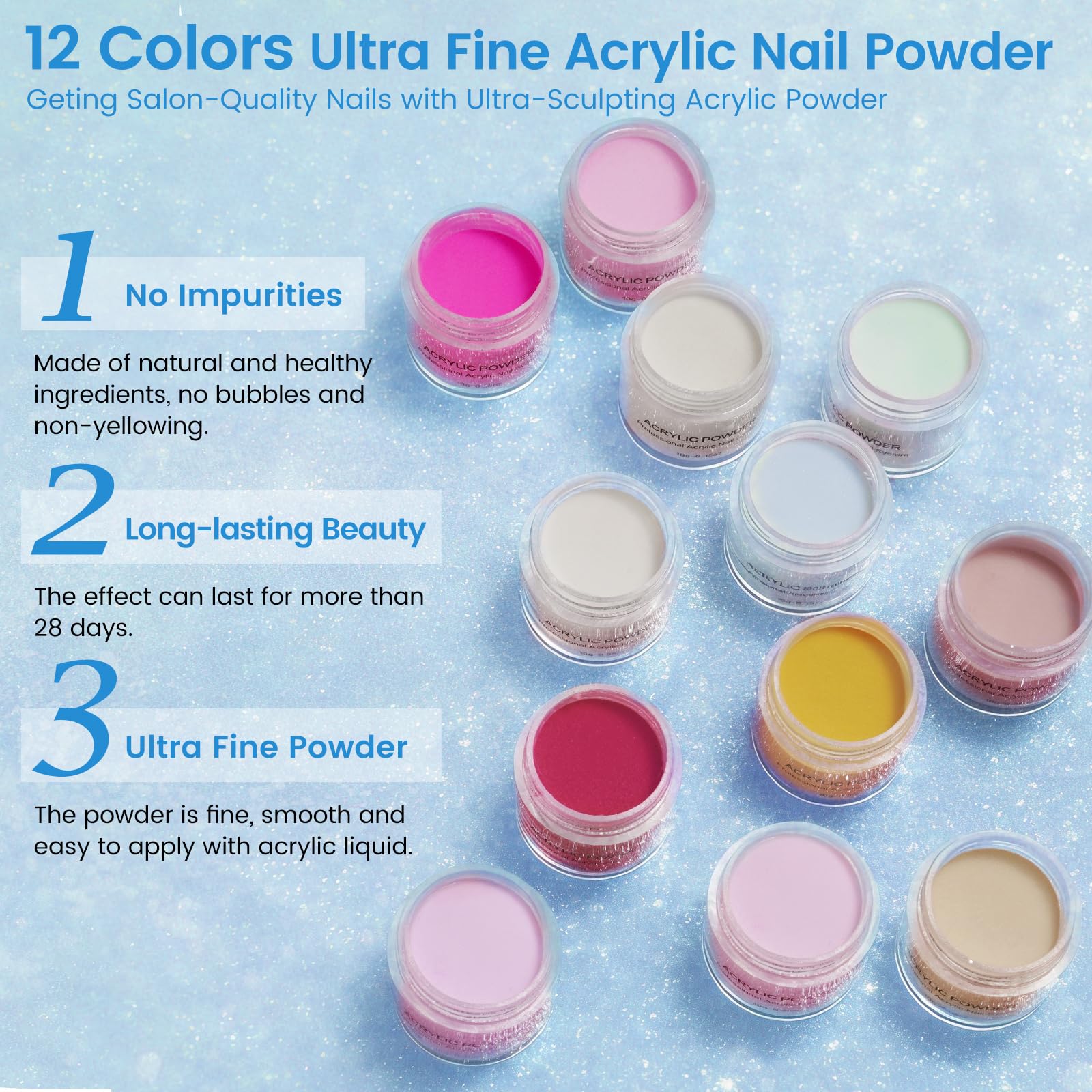 Yokilly Kit d'ongles en acrylique avec tout : 12 couleurs de poudres acryliques liquides avec lampe d'entraînement pour les doigts – Kit de démarrage pour les ongles pour débutants dans un sac cadeau