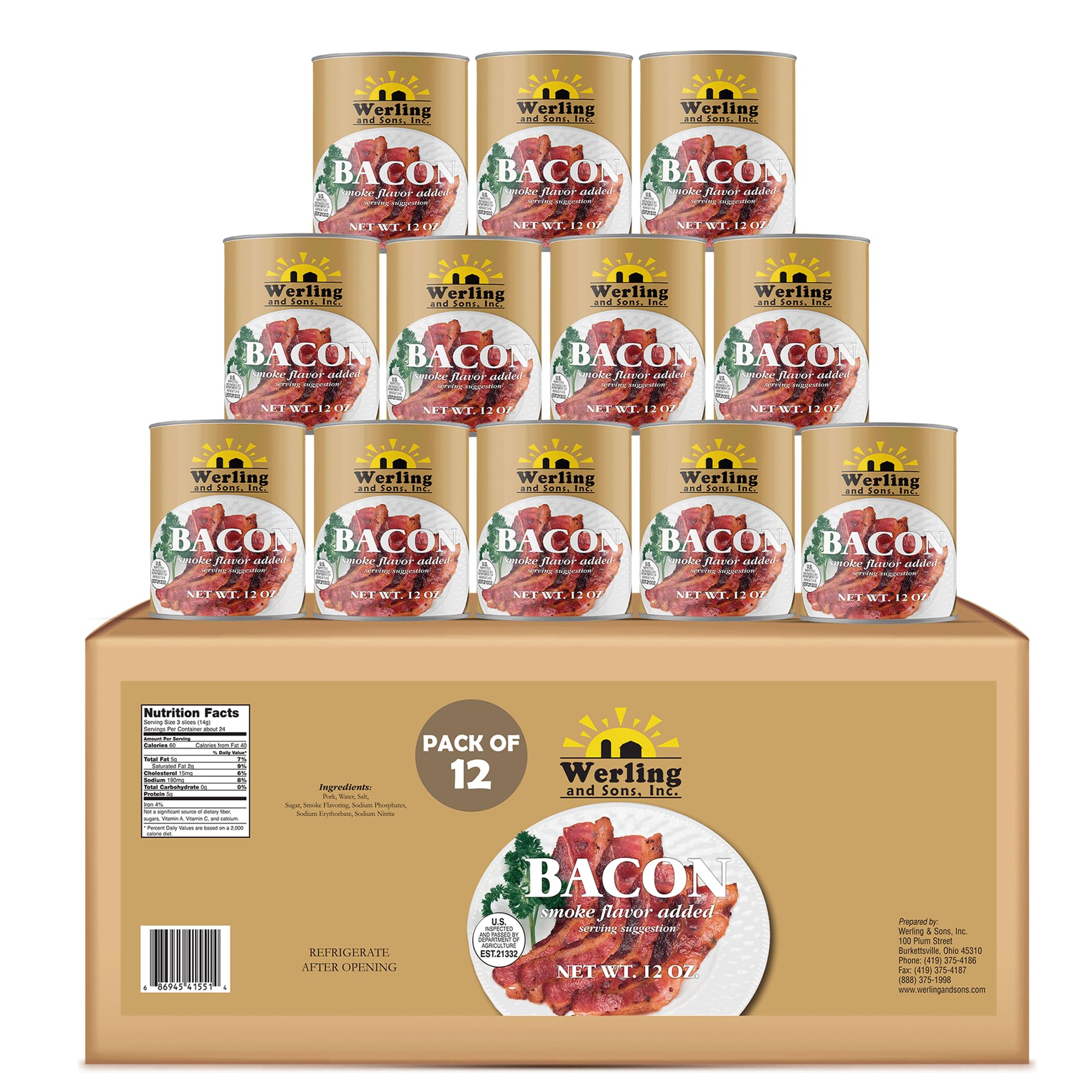 Werling Canned Bacon 12 Oz – Smoke Flavor Added | Fully Cooked & Ready to Eat | Shelf-Stable Canned Meat for Long-Term Storage, Pantry Staples, Camping, Emergency & Survival Canned Food | Pack of 12