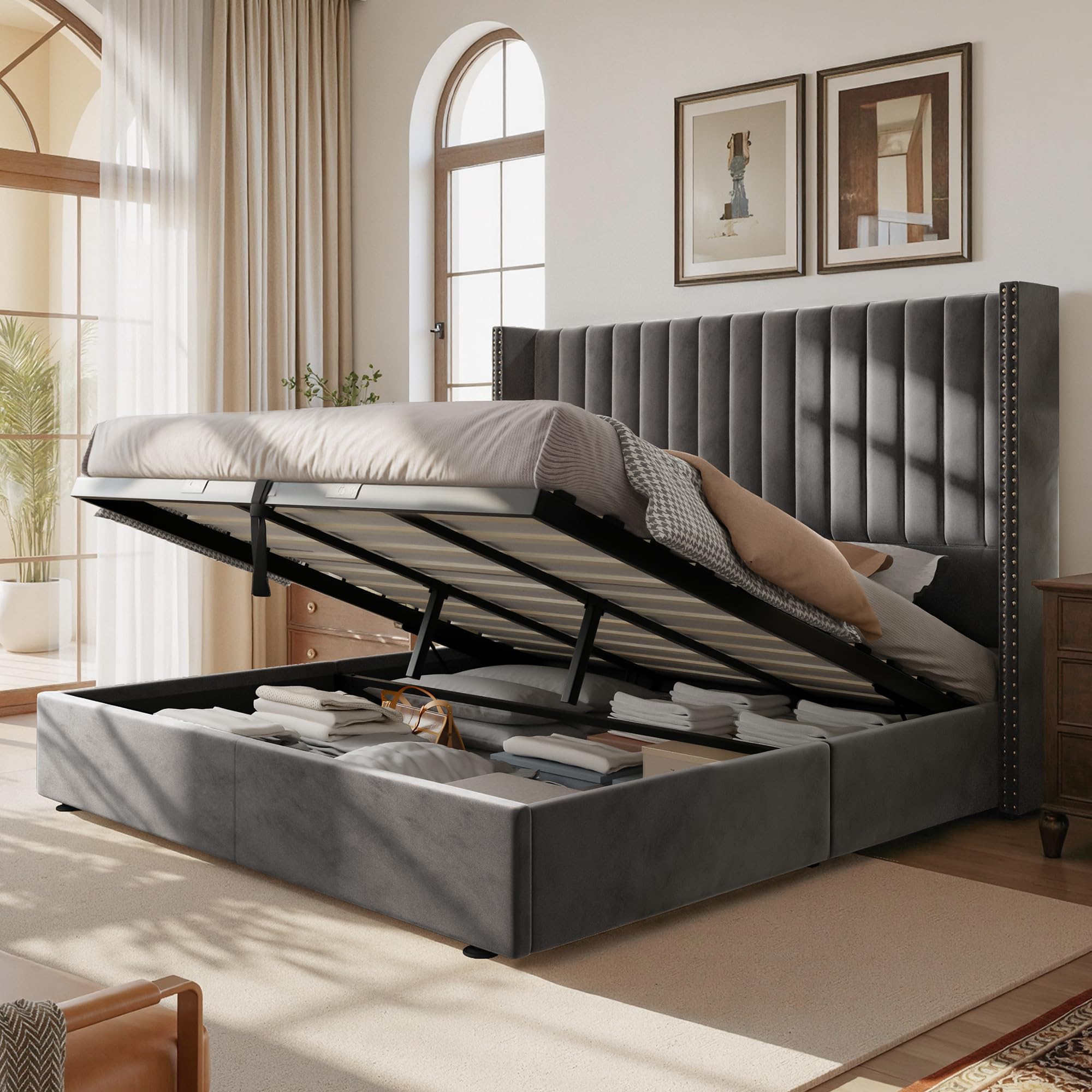 Jocisland Upholstered King Size Lift up Storage Bed Frame, Platform Bed Velvet with Channel Tufted Wingback Headboard, No Box Spring Needed, Gray