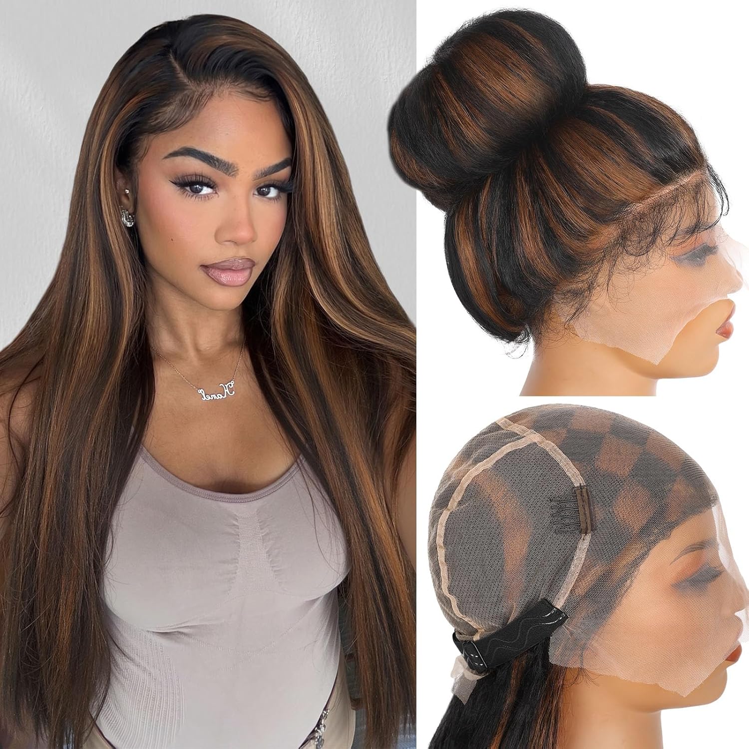 WIGNEE Full Lace Kinky Straight Wig 30 Inch Synthetic Yaki Straight Wig 180% Density Pre-Plucked Kinky Wig with Baby Hair Yaki Wigs For Black Women Daily Use(Brown Highlight)
