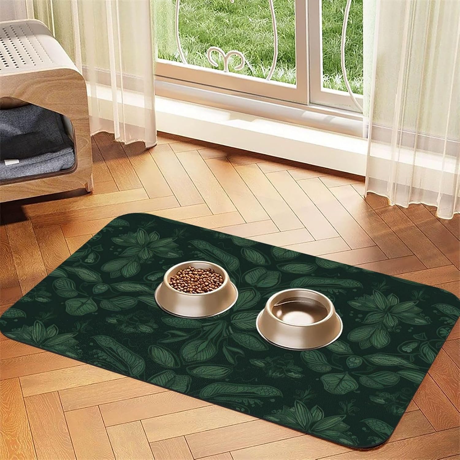 Pet Feeding Mat Absorbent Quick Dry Dog Food Mats Cute Non-Slip Rubber Pet Feeding Rug Hunter Green Floral Petals Pattern Cat Water Bowl Mats Pet Placemat for Food Water 30x45cm