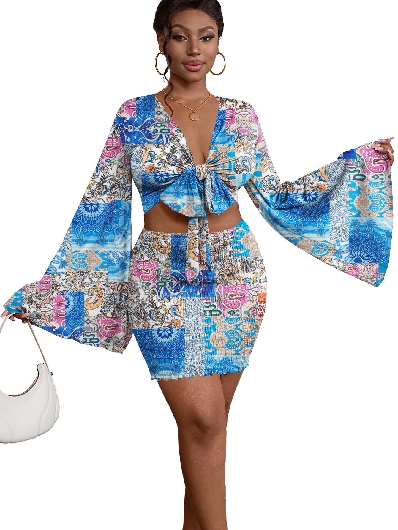 LYANER Women 2 Piece Vacation Outfits Tie Knot Front Bell Long Sleeve Crop Top and Mini Skirt Summer Set