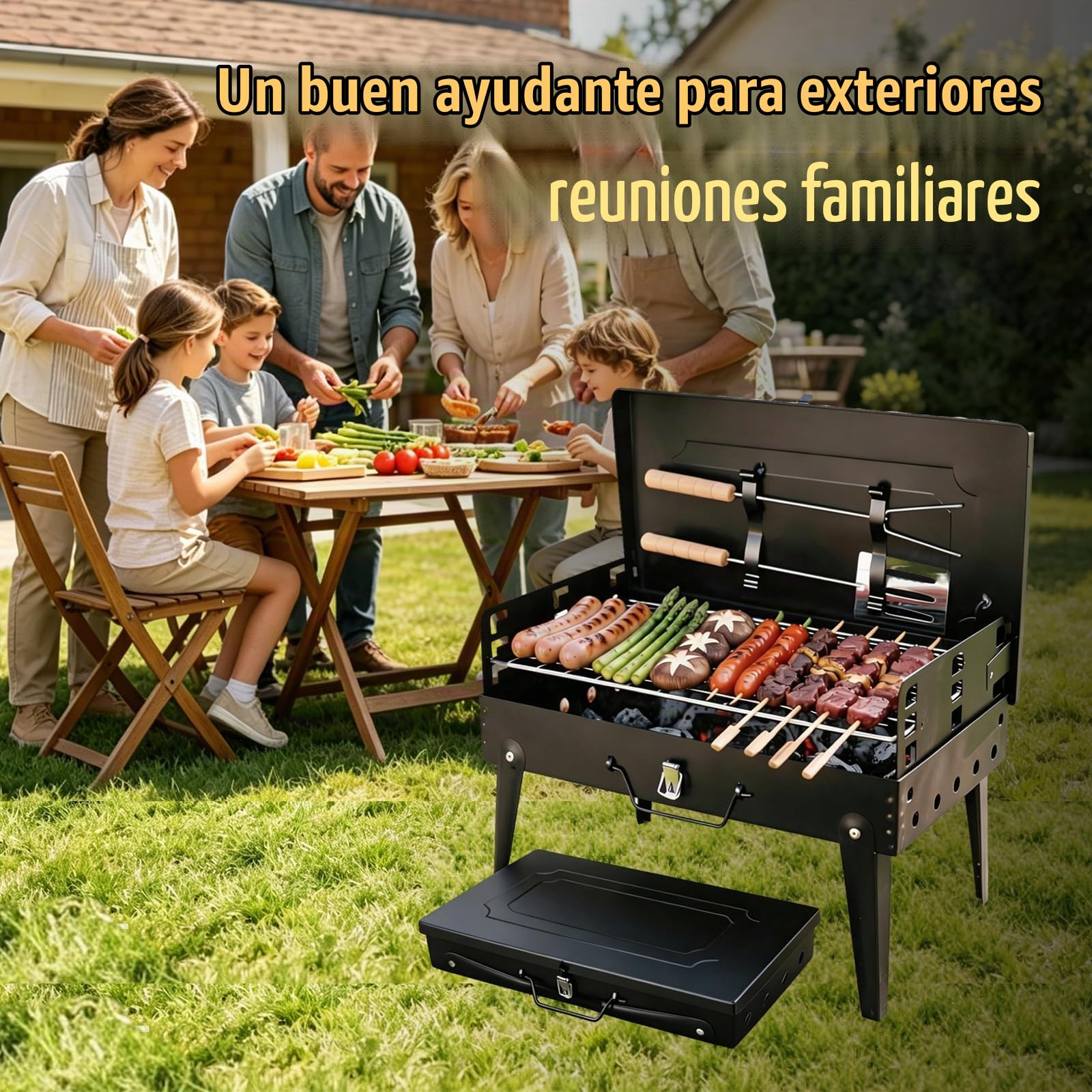 Barbacoa de carbón plegable con diseño tipo maleta, pequeña barbacoa de mesa portátil con parrilla y accesorios, barbacoa compacta de acero inoxidable para el hogar, el camping y los picnics
