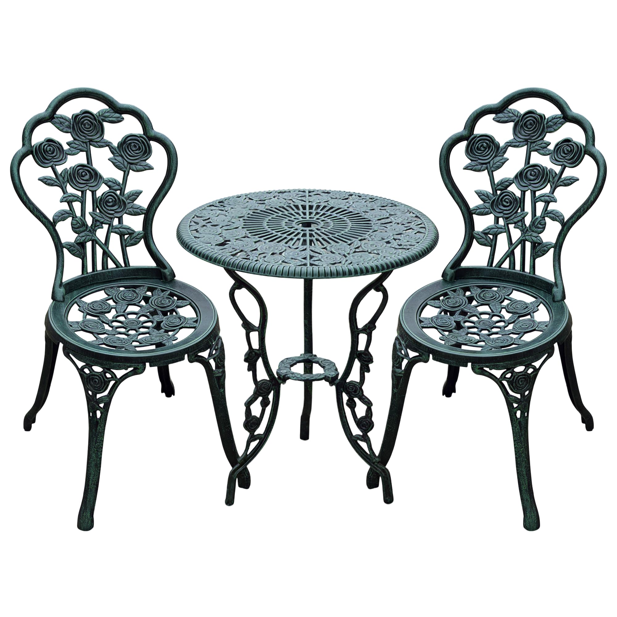 Outsunny Garden Bistro Set with Umbrella Hole, 3 Piece Cast Aluminium Garden Furniture Set, Antique Floral Round Coffee Table and Chairs, Small Balcony Furniture for Outdoor, Patio, Green