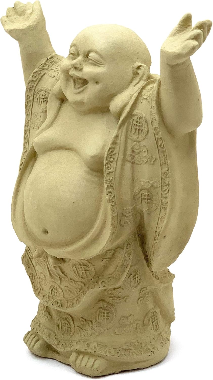 Super Happy Buddha Statue: Solid Durable Stone Statue w/Distressed Texture. Perfect Home Design & Sealed for Outdoor Use. Handcrafted USA. (Old Stone/Beige)