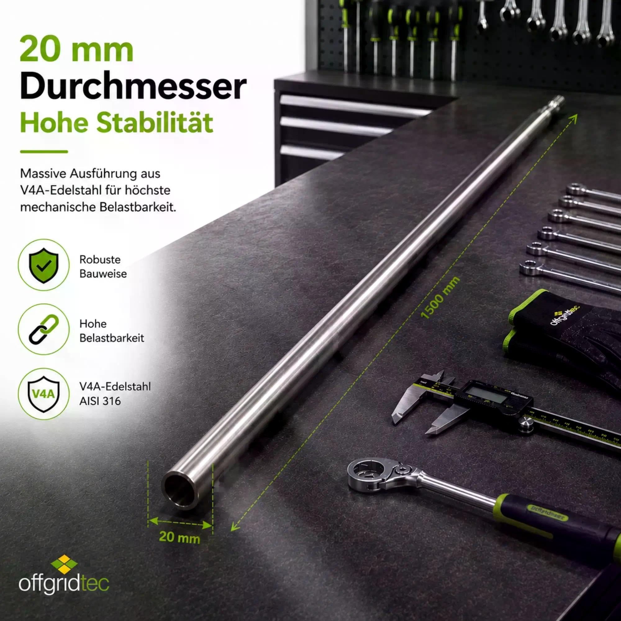 Offgridtec Tiefenerder V4A Set 1,5 m – Erdungsspieß Ø20 mm aus Edelstahl inkl. Einschlagspitze, Kreuzerder-Klemme & Schutzadapter – Erdungsstab für Blitzschutz, Erdungssysteme und PV-Anlagen