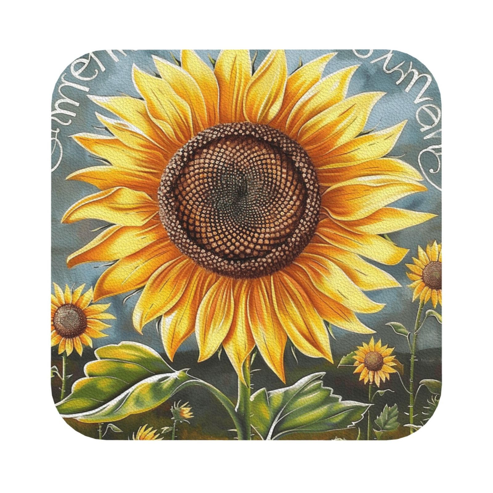 You Are My Sunshine Sunflower Print Leather Coaster Set of 6, Square Coasters Table Decorative Coffee Cup Beverage Coasters Wine Beer Bar Coasters for Hot Drinks Table Protection