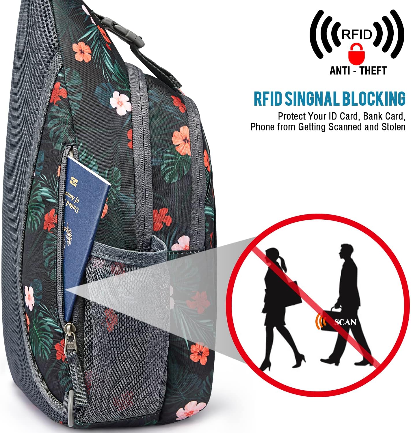 G4Free Sling Bag RFID Blocking Sling Backpack Crossbody Chest Bag Daypack for Hiking Travel(Black Base Floral) - Image 2