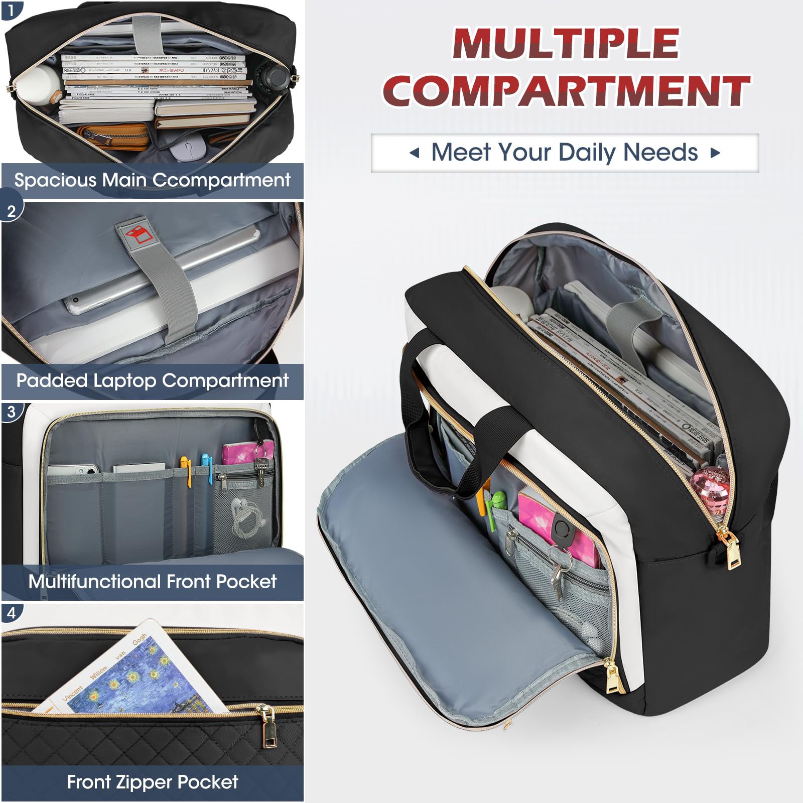 NEWHEY Borsa Porta PC 17.3 Pollici Borsa da Lavoro Donna Impermeabile Borsa Computer Grande Borsa Messenger Valigetta Portadocumenti Tracolla per Ufficio, Università, Scuola,Nero e beige