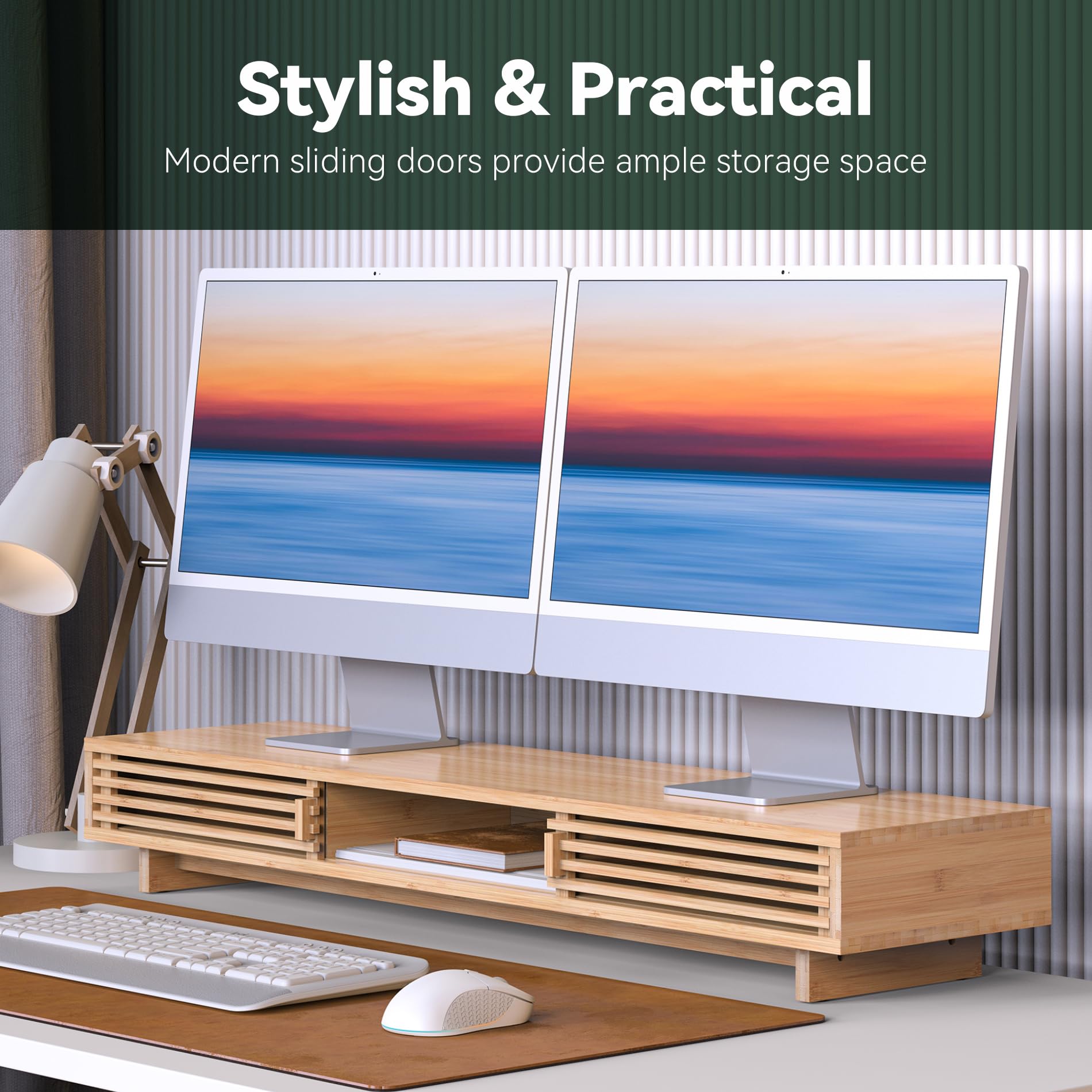 WELL WENG Dual Monitorständer Riser aus Holz für Monitor Bambus 96.7cm | Bildschirmerhöhung 2 monitore mit Schiebetüren im Gitter-Design Schreibtisch-Regal-Organizer mit Ordnungssystem