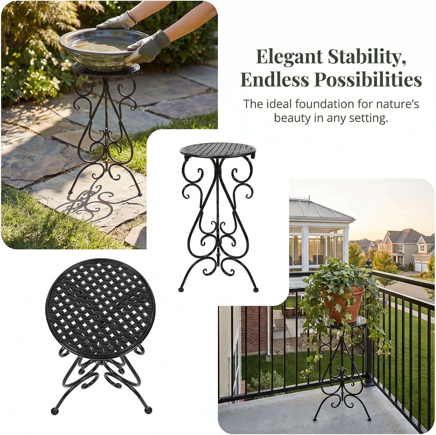 Birdbath Stand Versatile Placement Minimizing Reflections 22 Inch Tall Metal with 3 Stable Legs , Iron Garden Planter Holder for Glass Birdbath Bowls and Flowerpots for Patio