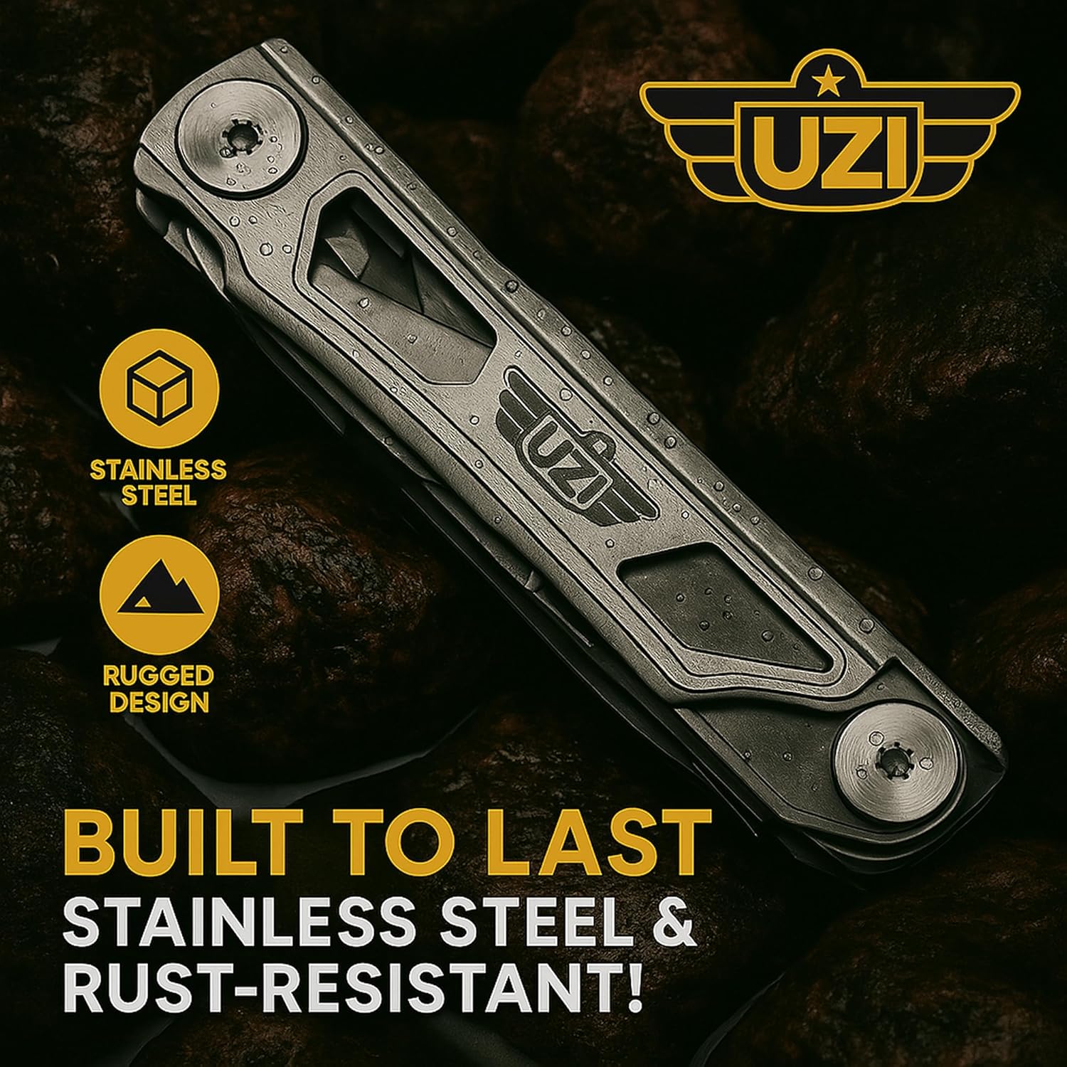 UZI Multifunctional 12-in-1 Multitool with Scissors, Glass Screwdriver, Wire Stripped, Bottle Opener, Can Opener & More - Stainless Steel Multi Tool Pocket Knife for Camping Fishing Survival Hunting