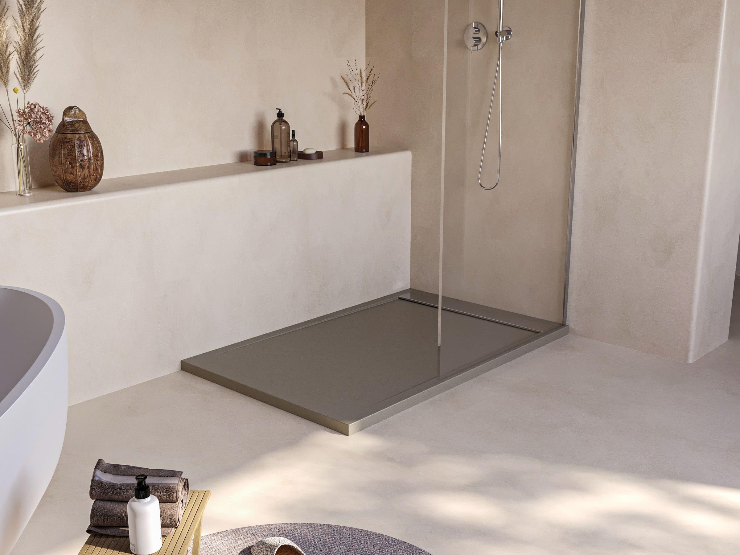 SOULHOME Brodzik prysznicowy– Żywica– Gel Coat– Gładka/Kamienna tekstura – Antypoślizgowy – Moka- 200x80- Niski 3cm– Ruszt INOX