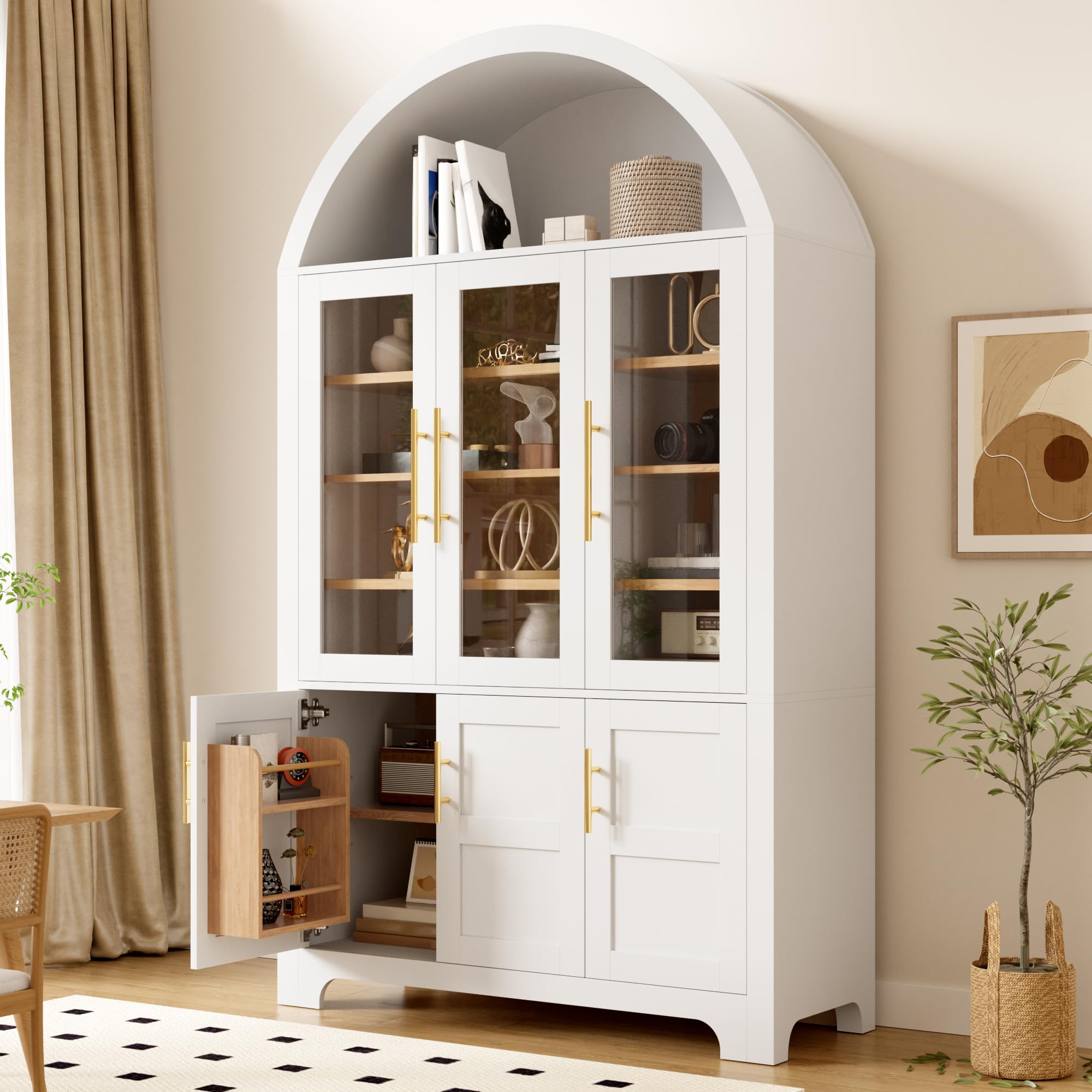 Credenza moderna verticale, PB+MDF, nicchia ad arco superiore, 3 vetrine in vetro, 3 scomparti chiusi, ripiani regolabili, maniglie in alluminio, armadio multifunzione per la casa, bianco