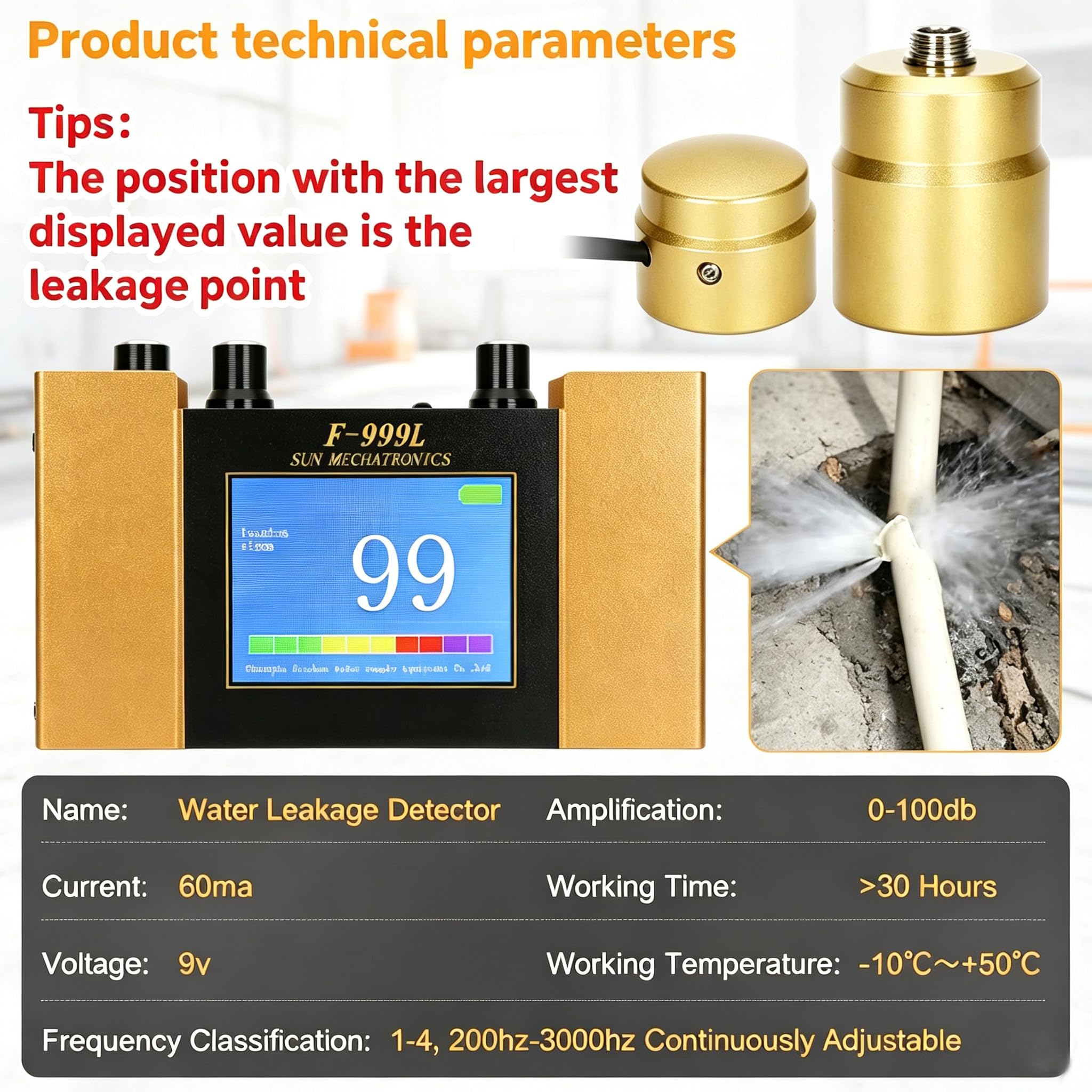 Detector De Fugas De Agua De Pared, Equipo De Detectores De Fugas De Agua Subterránea, Detector De Fugas De Plomería Portátil Colector De Sonido con Auriculares