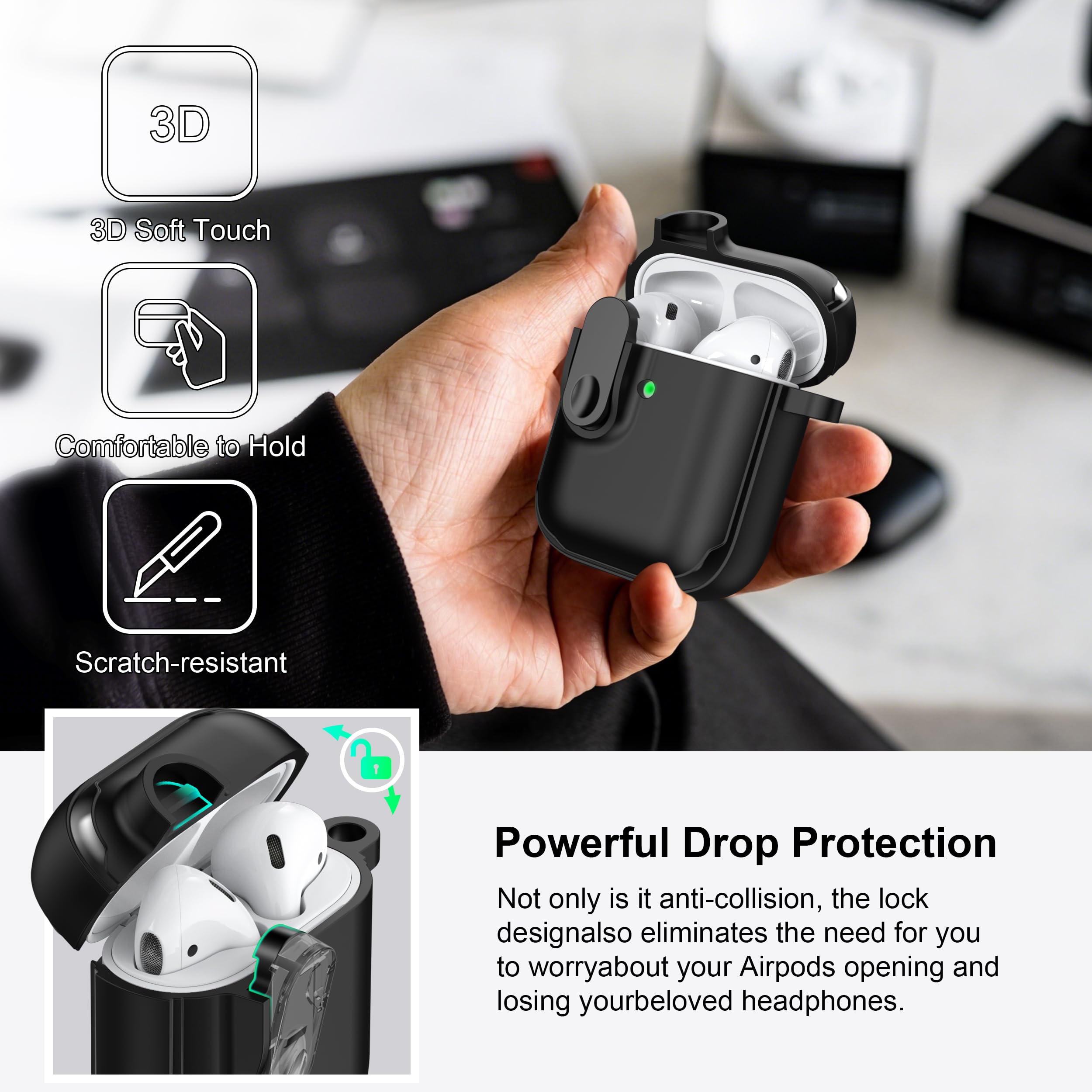 RFUNGUANGO Compatible with AirPods Case with Cleaning kit, Anti-Fall Lock Design, Powerful Drop Protection, TPU Skin-friendly Texture Compatible with AirPods 2nd 1st Generation Charging Case,Black — view 2