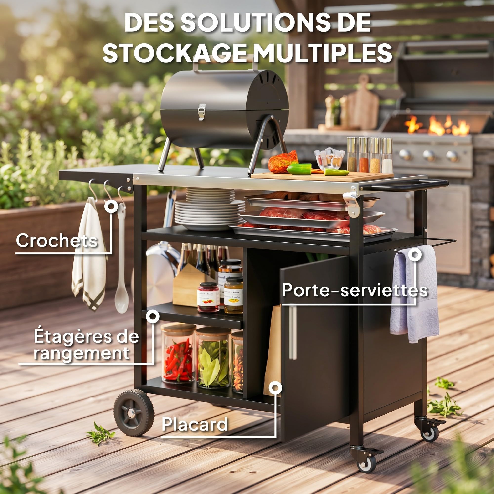 Outsunny Desserte de Jardin Chariot de Barbecue avec Plateau en Acier Inoxydable, Tablette Rabattable et Crochets, Housse Fournie, Meuble de Service Extérieur à roulettes pour Plancha, 127x51x84cm