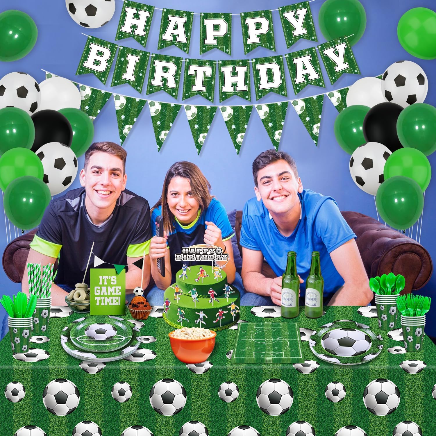 229 Pack Soccer Party Supplies Soccer Party Decorations Boys Sports Theme Birthday Decor Soccer Theme Tableware Set - Soccer Plates, Balloons, Banners, Ball Theme Tablecloth, Cups, Napkins Serves 20 - Image 3