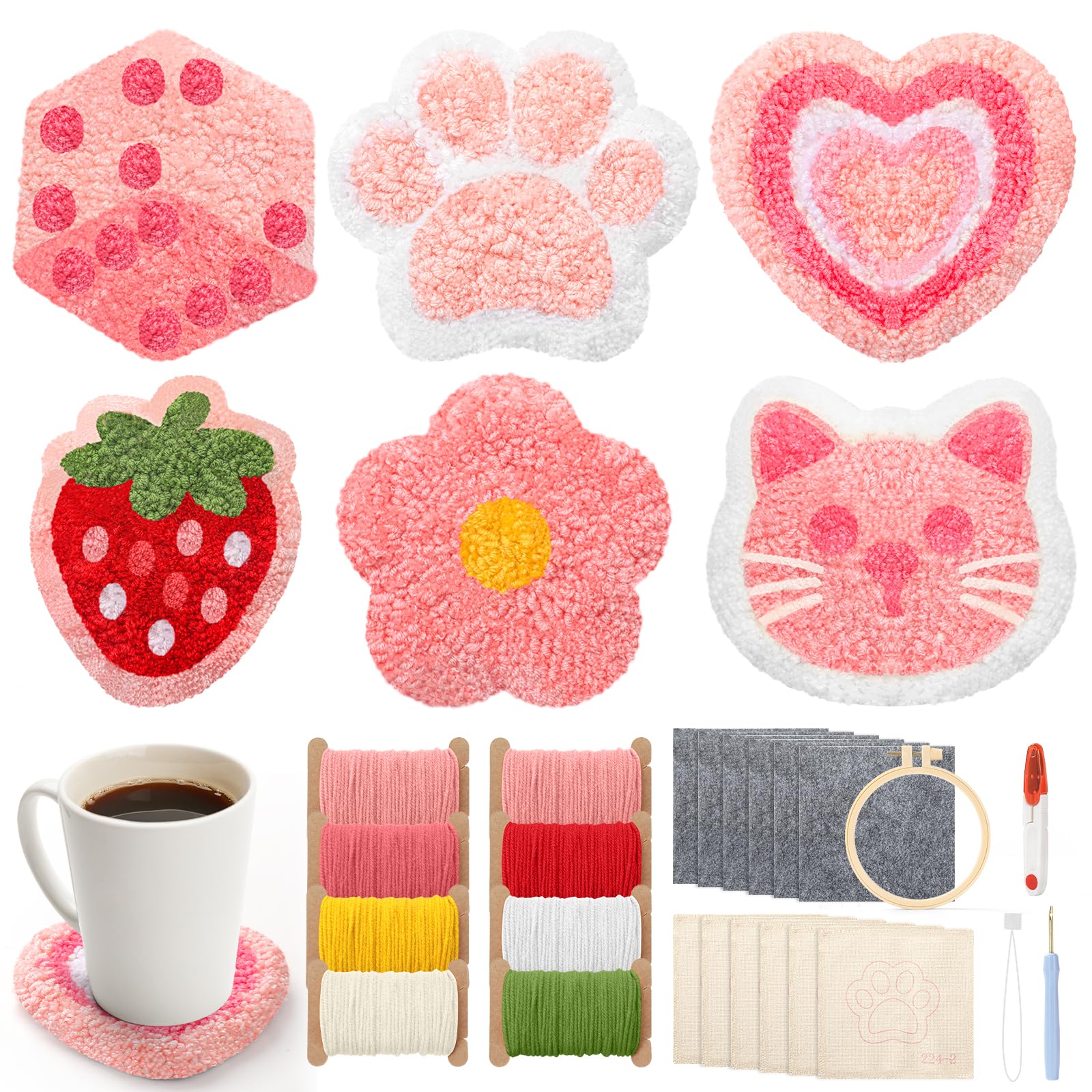 Asiv Punch Needle Coasters Kit for Beginners, 6PCS DIY Embroidery Set with Patterns, Yarn, Tools & Hoop, Needle Felting Kit, Craft Supplies, Creative Gift（Cute Pattern）