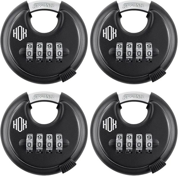 HOX Combination Lock, 4 Digit Disc Padlock with 3/8 Inch Hardened Steel Shackle, 2-3/4 Inch Zinc Alloy Wide Body, Keyless Heavy Duty Combo Lock for Hasp Latch, Sheds, Fences, Storage Locker (4 Pack)
