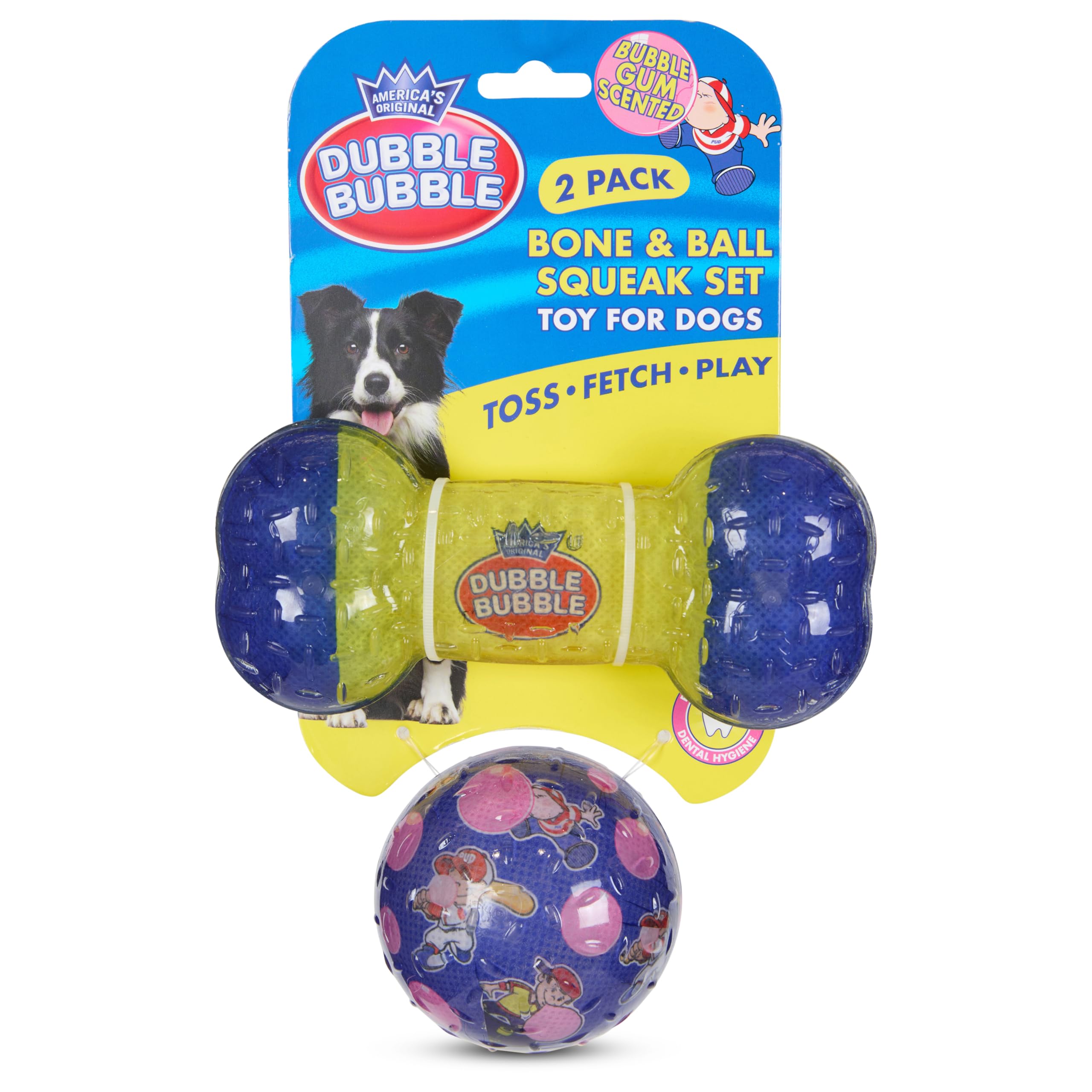 Double Bubble Squeaky Ball Bone Set 2-Pack Durable Dental Toys for Dogs Classic Tootsie Fun