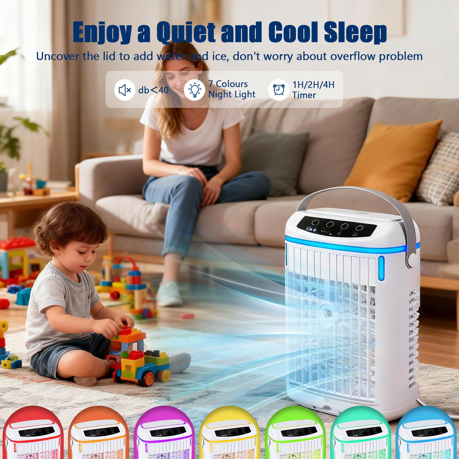 4 w 1 przenośny klimatyzator z pilotem zdalnego sterowania, mini klimatyzator 3 prędkości timer 2 tryby zimnej mgły i 7 RGB zbiornik 1000 ml wentylator wody do pokoju i biura