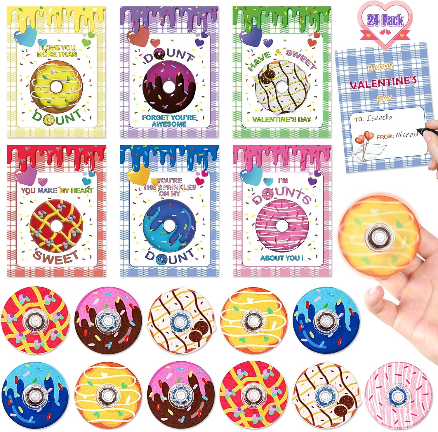 24 Pack Valentines Day Cards for Kids, Donut Fidget Spinner Toy with Greeting Cards, Valentine's Day Gifts for Kids, Valentine Kids Party Favor, School Classroom Exchange Prizes for Boys Girls