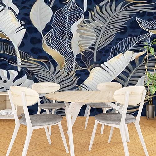 Miniatura 3 de Patrón sin costuras con hojas tropicales blancas con elementos dorados sobre papel pintado de PVC azul Papel de contacto autoadhesivo extraíble