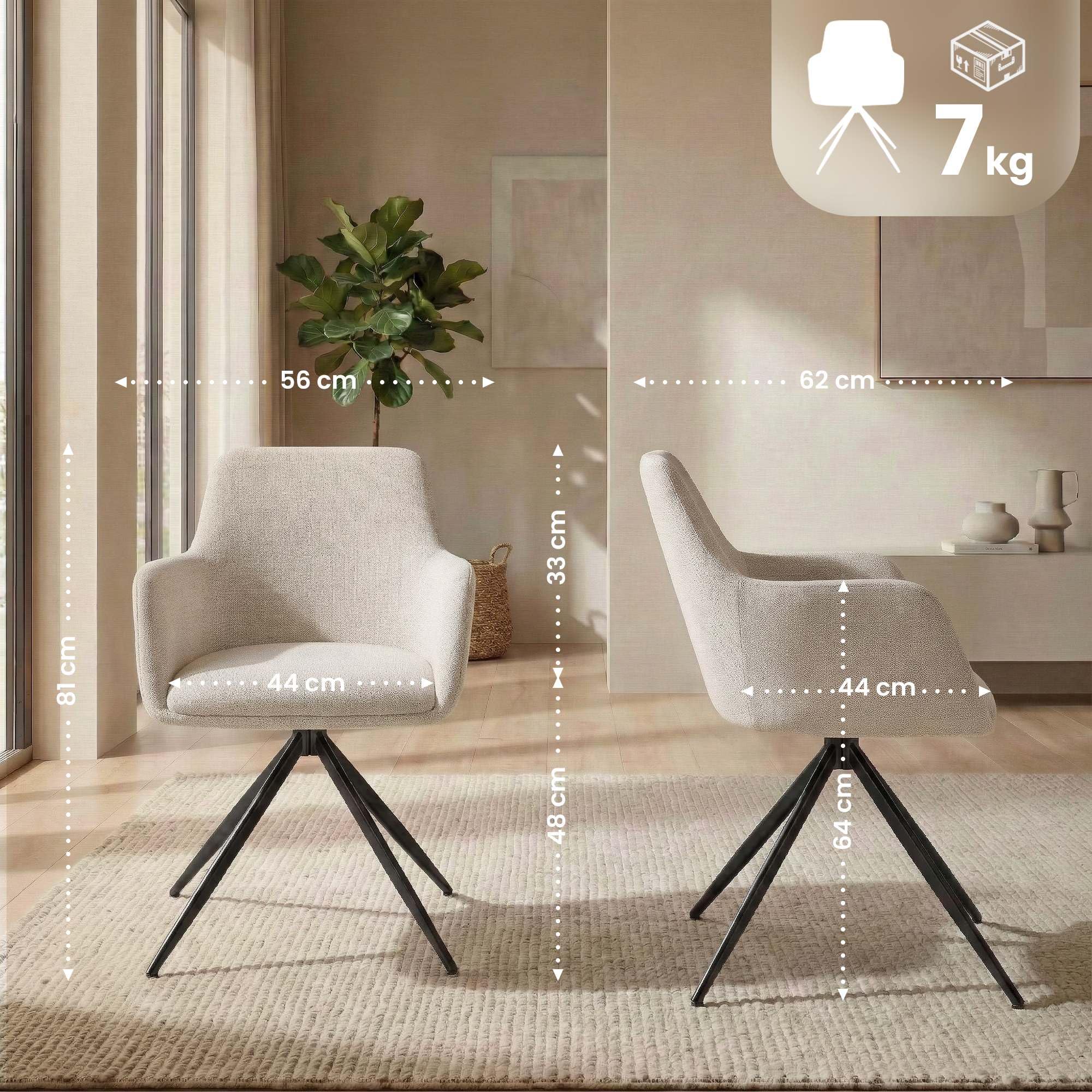 CLP Silla de Comedor giratoria Olema en Tela, butaca 180 Grados con reposabrazos y Respaldo, tapiceria facil de Limpiar Color:Crema