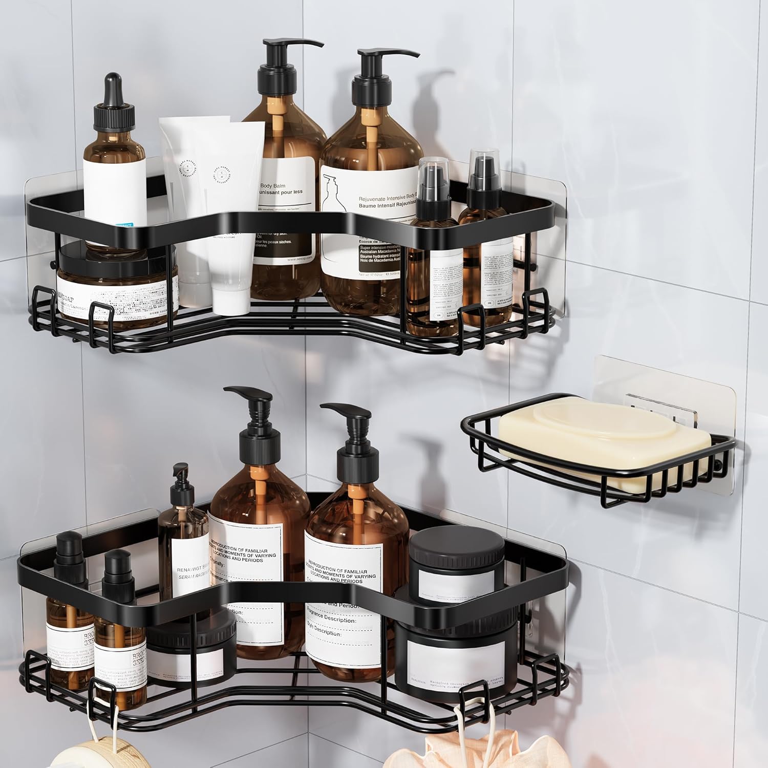 MAXIFFE 3 Pack Corner Shower Caddy with Soap Holder, Large Capacity Sturdy Adhesive Stainless Steel No Drilling Shower Organizer Shelves Rack Storage Inside Shower for Bathroom Family Renters, Black