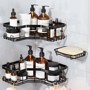 MAXIFFE 3 Pack Corner Shower Caddy with Soap Holder Large Capacity Sturdy Adhesive Stainless Steel No Drilling Shower