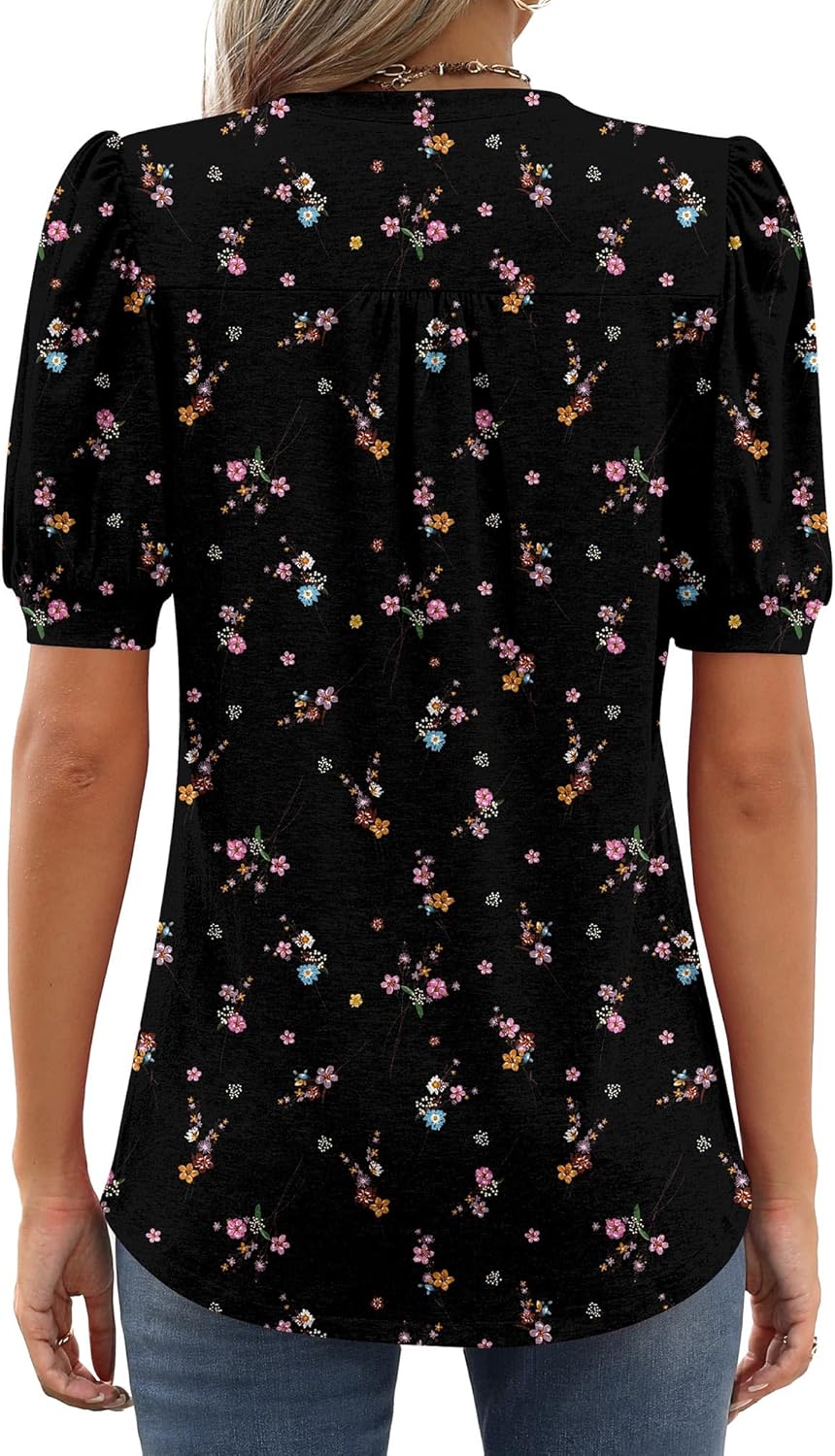 Riyiper Women's Short Sleeve Pleated Tops Crew Neck Puff Sleeve Spring Blouses Tunic Top Summer Dressy Casual T Shirt - Image 2