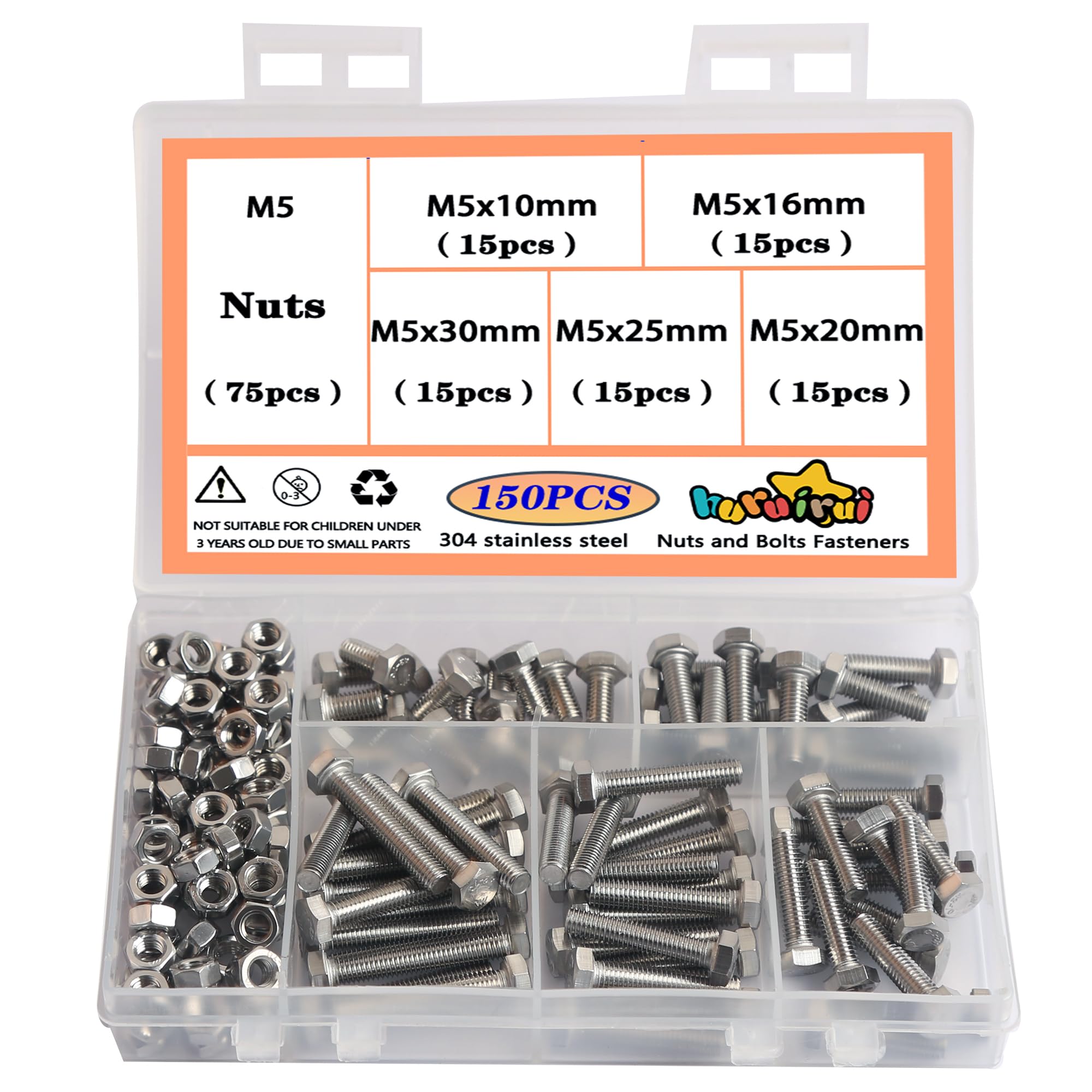 M5 Nuts and Bolts-304 Stainless Steel Screws and Nuts Set - Rustproof, Full Assortment of Hex Bolts Set for Durable and Perfect for Indoor and Outdoor Use 150PCS