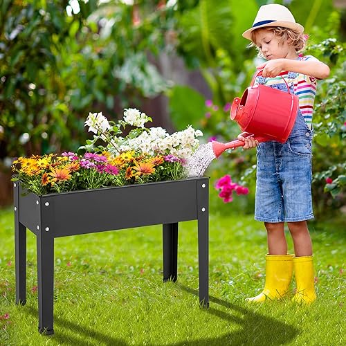 Miniatura 3 de HAPPYGRILL Cama de jardín elevada con patas, soporte elevado de 31.5 pulgadas con orificio de drenaje, diseño de dobladillo, cama de flores elevada