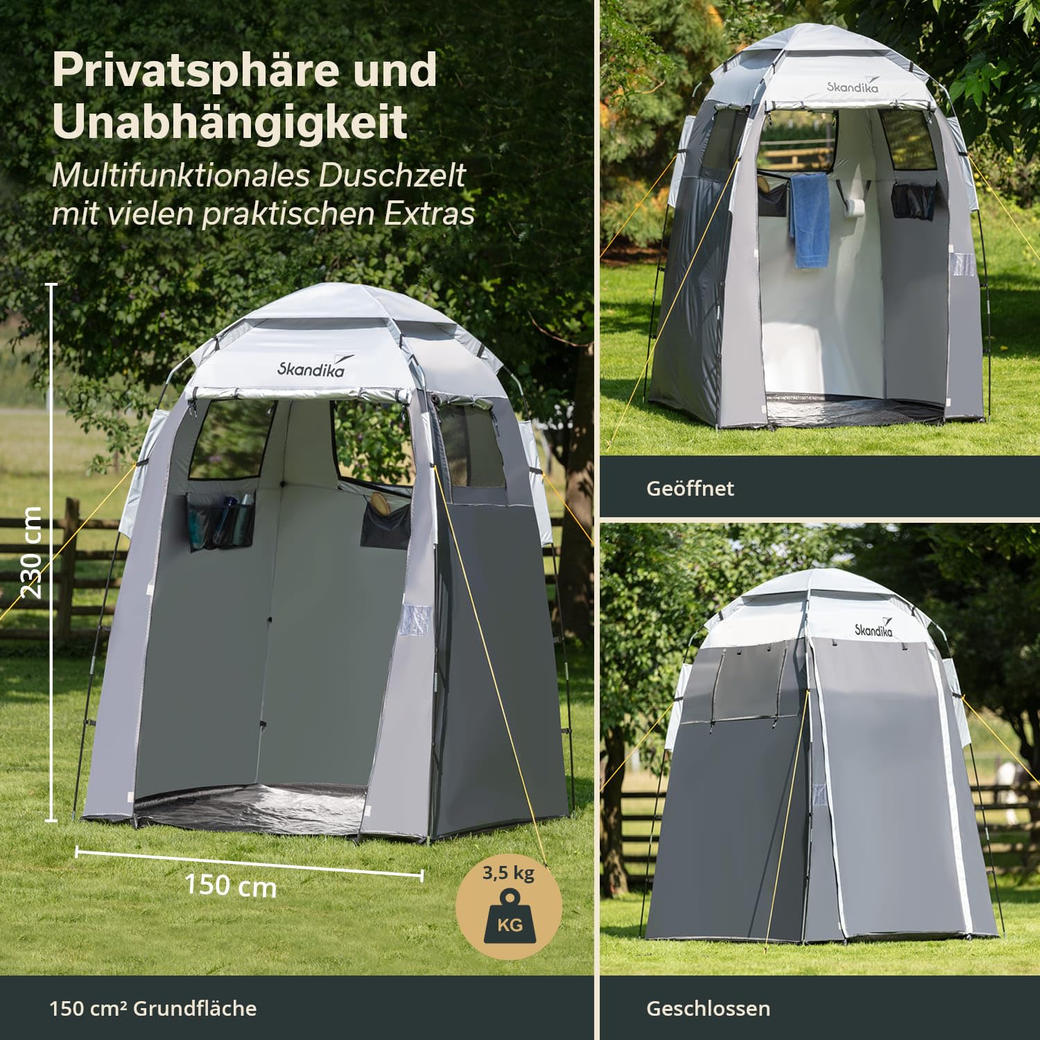 Skandika Camping Duschzelt | großes Umkleidezelt mit 230 cm Stehhöhe, silberbeschichtet, Blickdicht, separater Boden, 3 abdeckbare Fenster, Handtuchhalterung, Duschbefestigung | Toilettenzelt