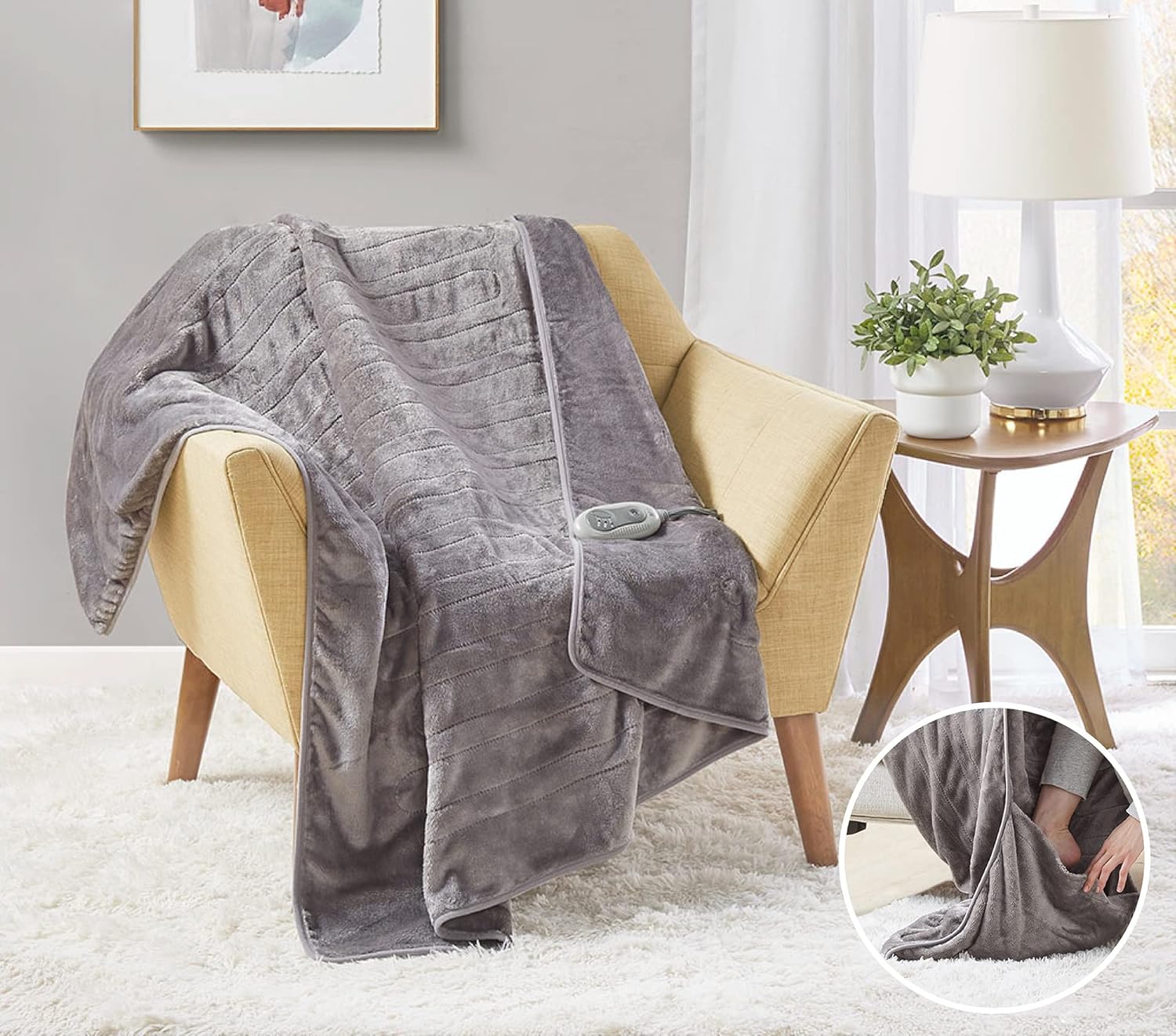 MP2 Heated Plush Sherpa Throw with Foot Pocket Electric Blanket for