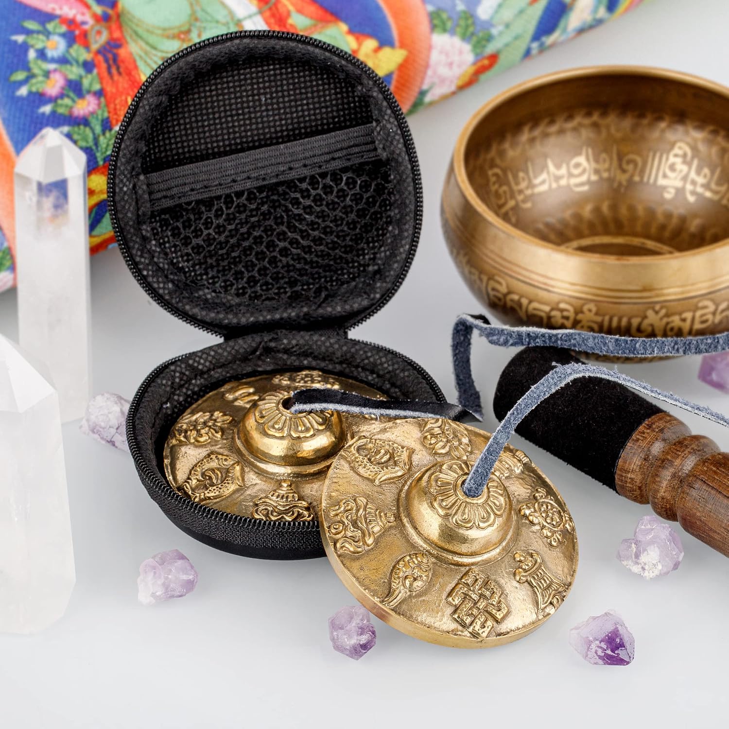 ZenBless Tibetan Tingsha Cymbals 2pcs, with Storage Box and Fabric Case, Meditation Sanskrit Brass Chime Bells for Spiritual Healing Mindfulness, Yoga Buddhist, Relaxation Musical Instruments