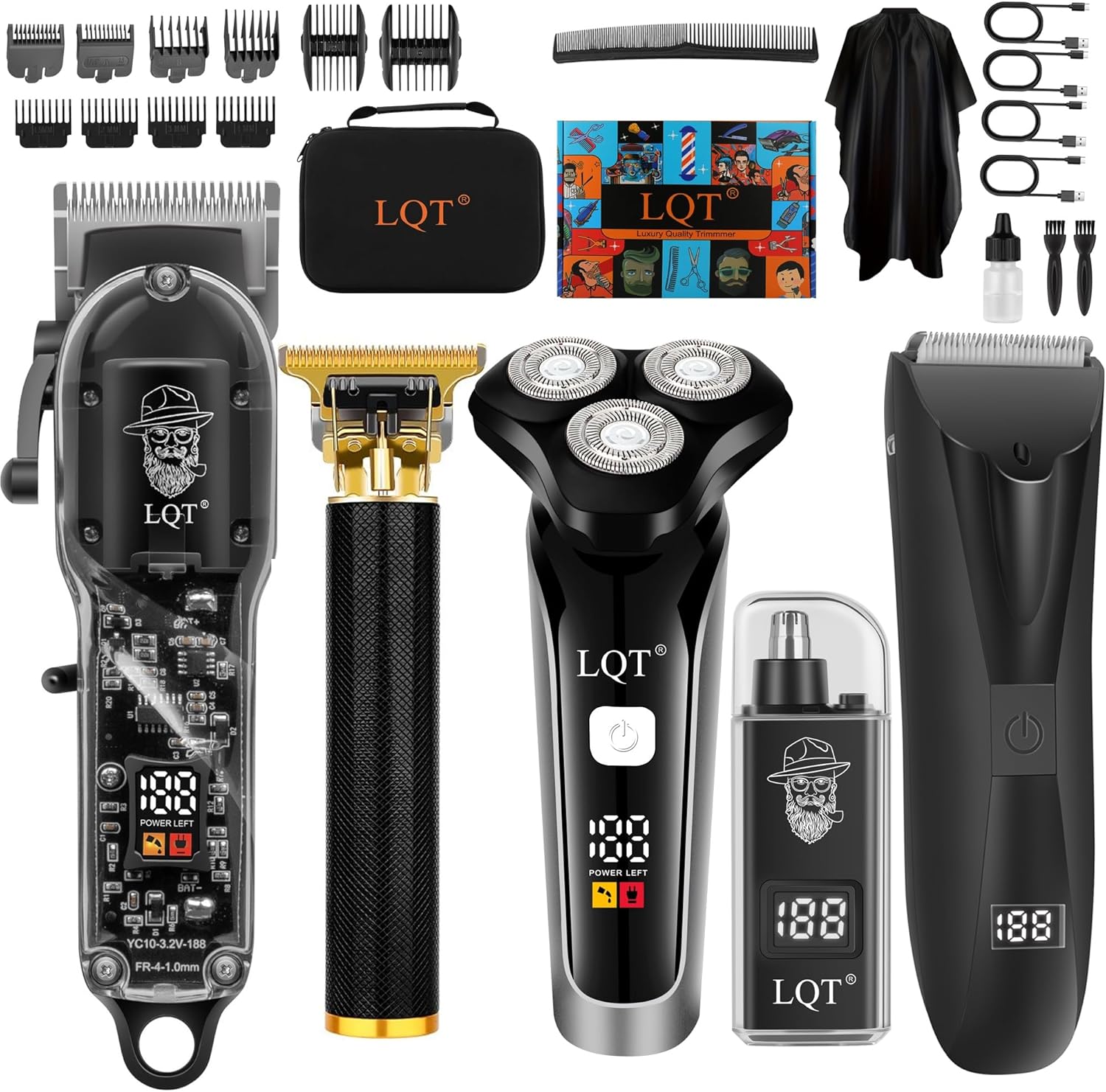 Hair Clippers for Men, 5-in-1 Professional Cordless Transparent Plastic Clipper Set Beard Trimmer Body Trimmers Electric Razor Nose and Ear Hair Trimmer with Bag, to Son Husband Father Men's Gifts
