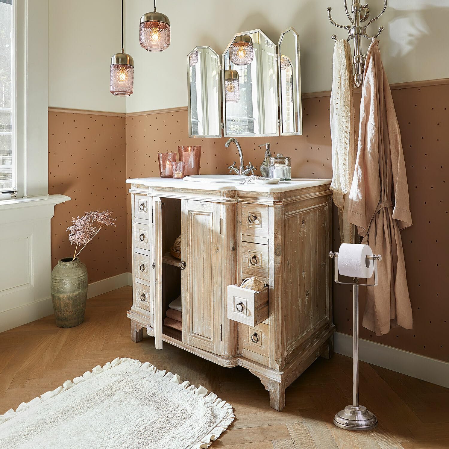 Loberon Jolivienne Set per Bagno - Vetro soffiato - Leggera sfumatura di Colore, Marrone/Trasparente