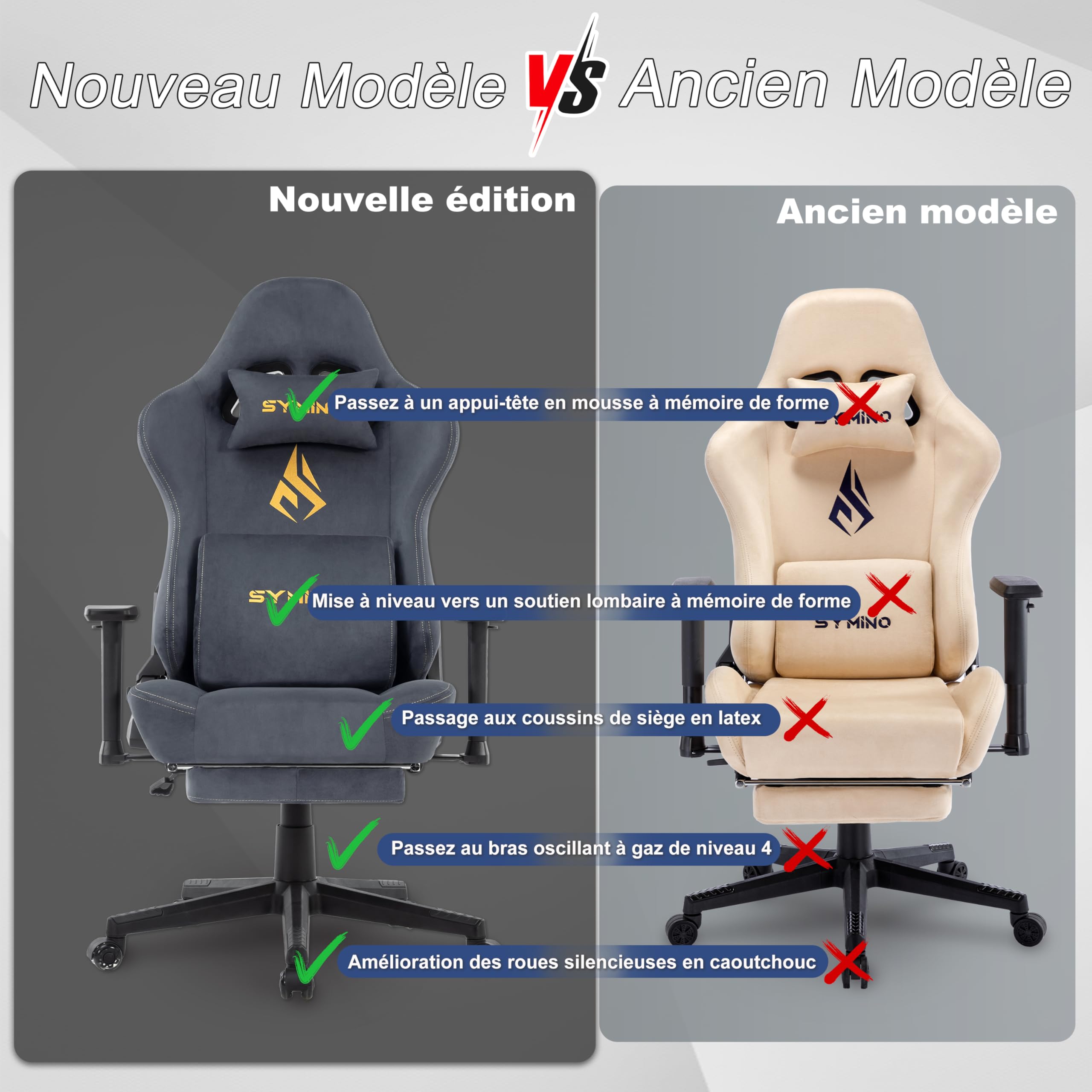 Symino Chaise Gamer XL, Siège Large Mousse+Latex, Support Lombaire & Tête, Inclinaison 175°, 300kg, Roues Silencieuses Incluses (Faux Daim, Gris)