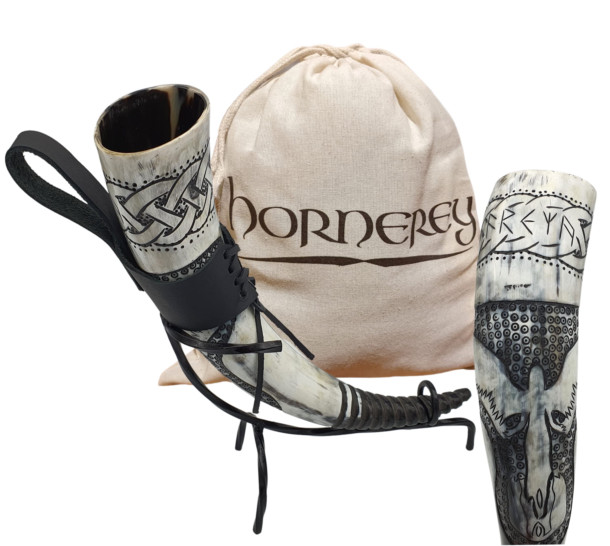 Trinkhorn "Freya's Horn", 500 ml Wikinger Trinkhorn Set mit Ständer und Gürtelhalter, Methorn, LARP, Horn, 1 Stück (1er Pack), Schwarz