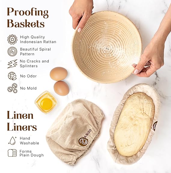 ABIOTO Sourdough Bread Baking Kit - 17-Piece Artisan Set with 10 Round & 11 Oval Rattan Baskets, Slings, Baking Mat, Bread Lame, Danish Whisk & Scrapers